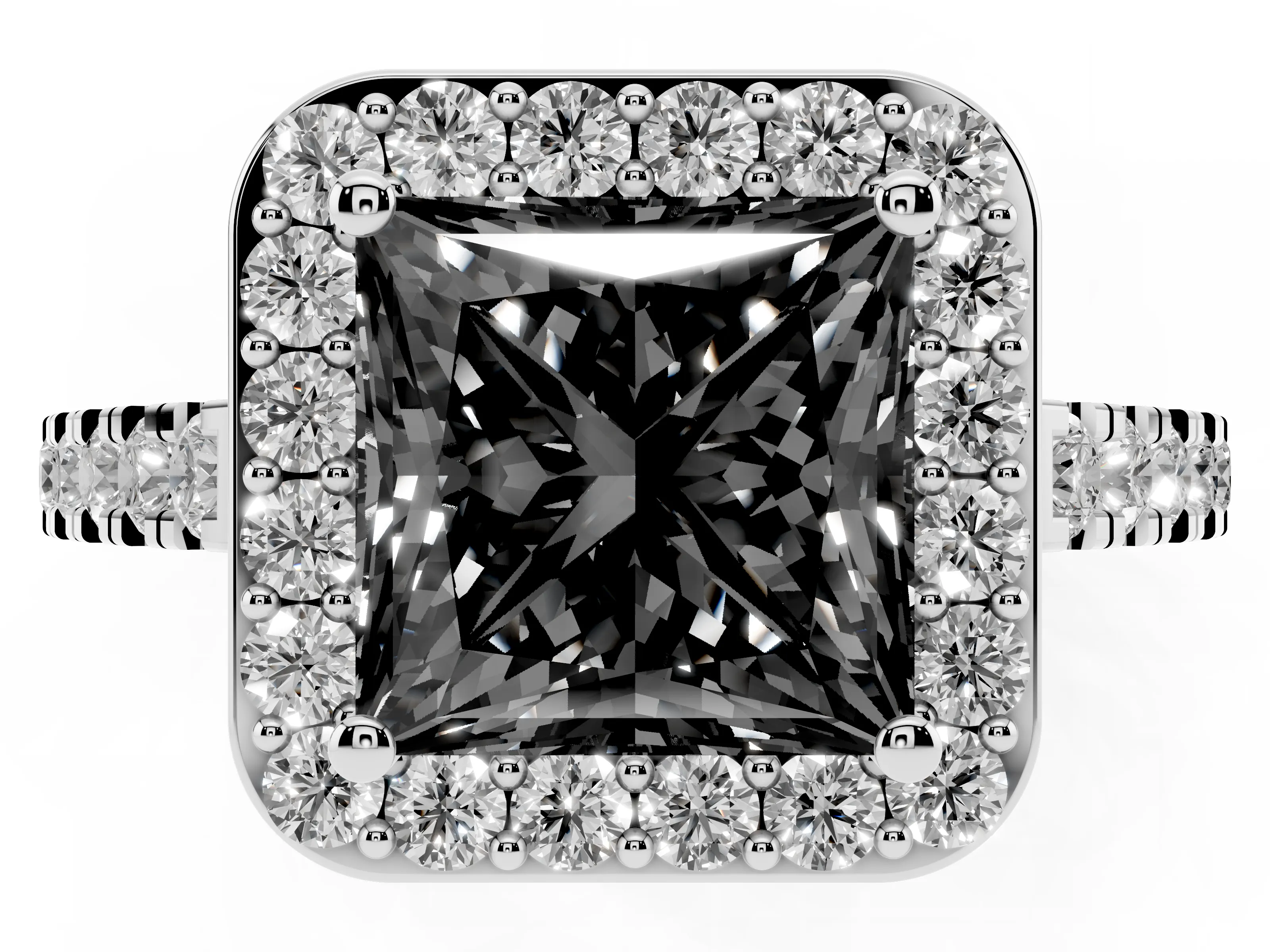 Fancy Black Princess Cut Diamond Halo Ring Set in Silver with Round Pavé Split Shank and Prong Setting