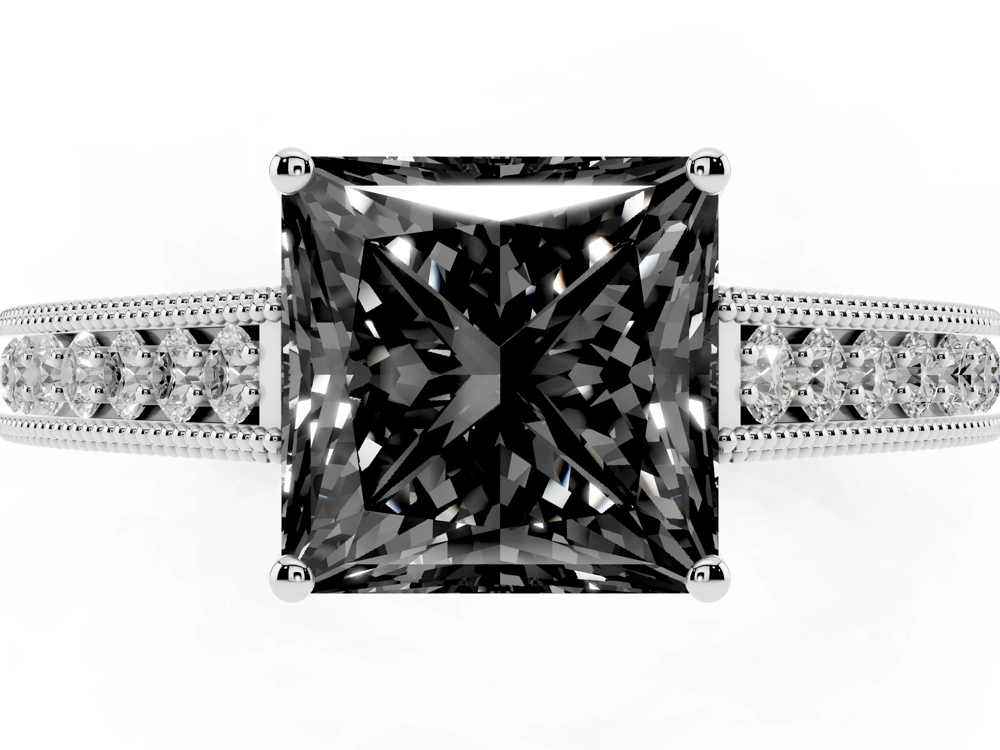 Fancy Black Princess Cut Diamond Milgrain Pavé Band Solitaire Ring Set in Platinum with Prong Setting