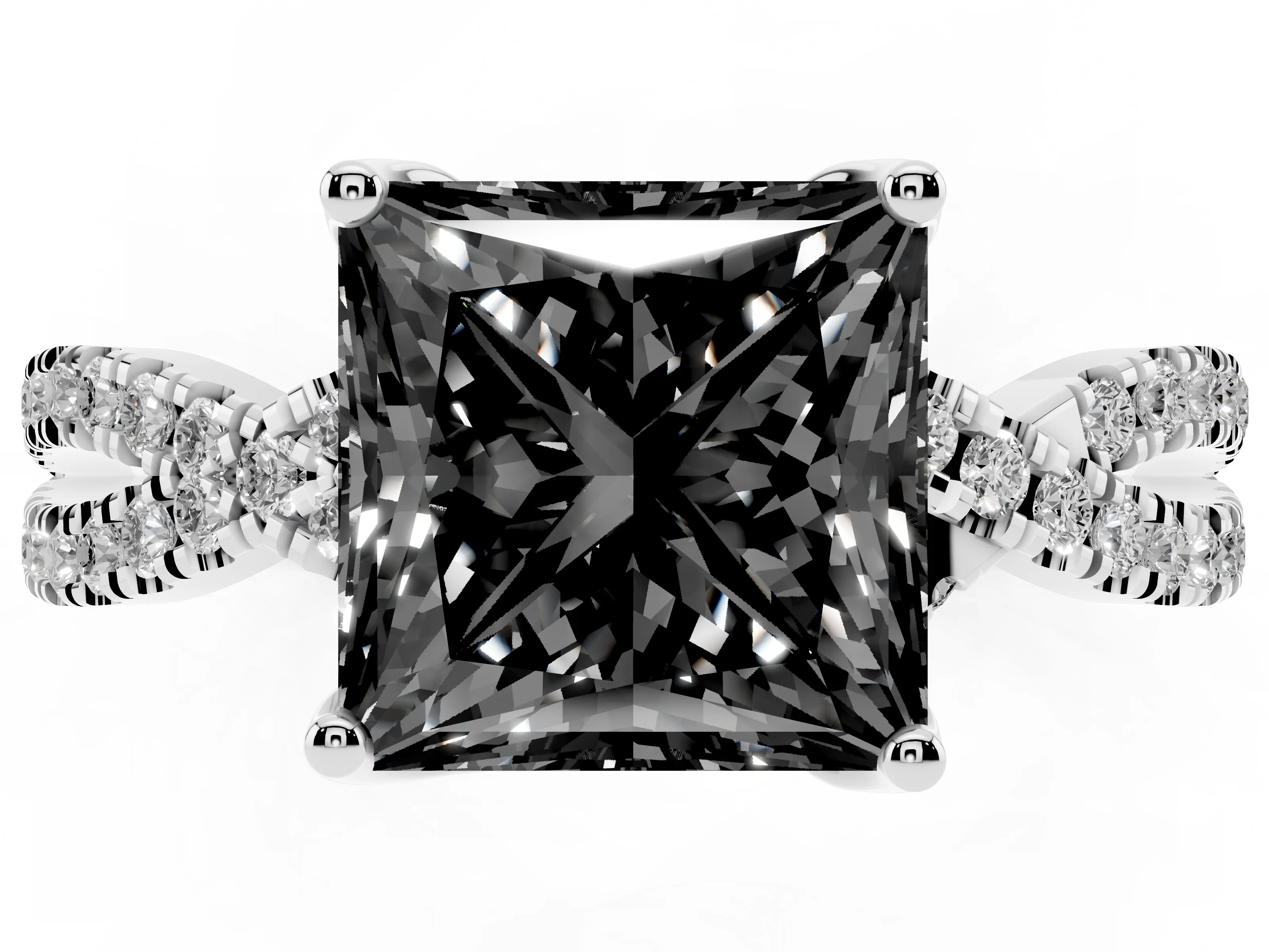 Fancy Black Princess Cut Diamond Twist Pavé Solitaire Engagement Ring Set in Platinum with Prong Setting