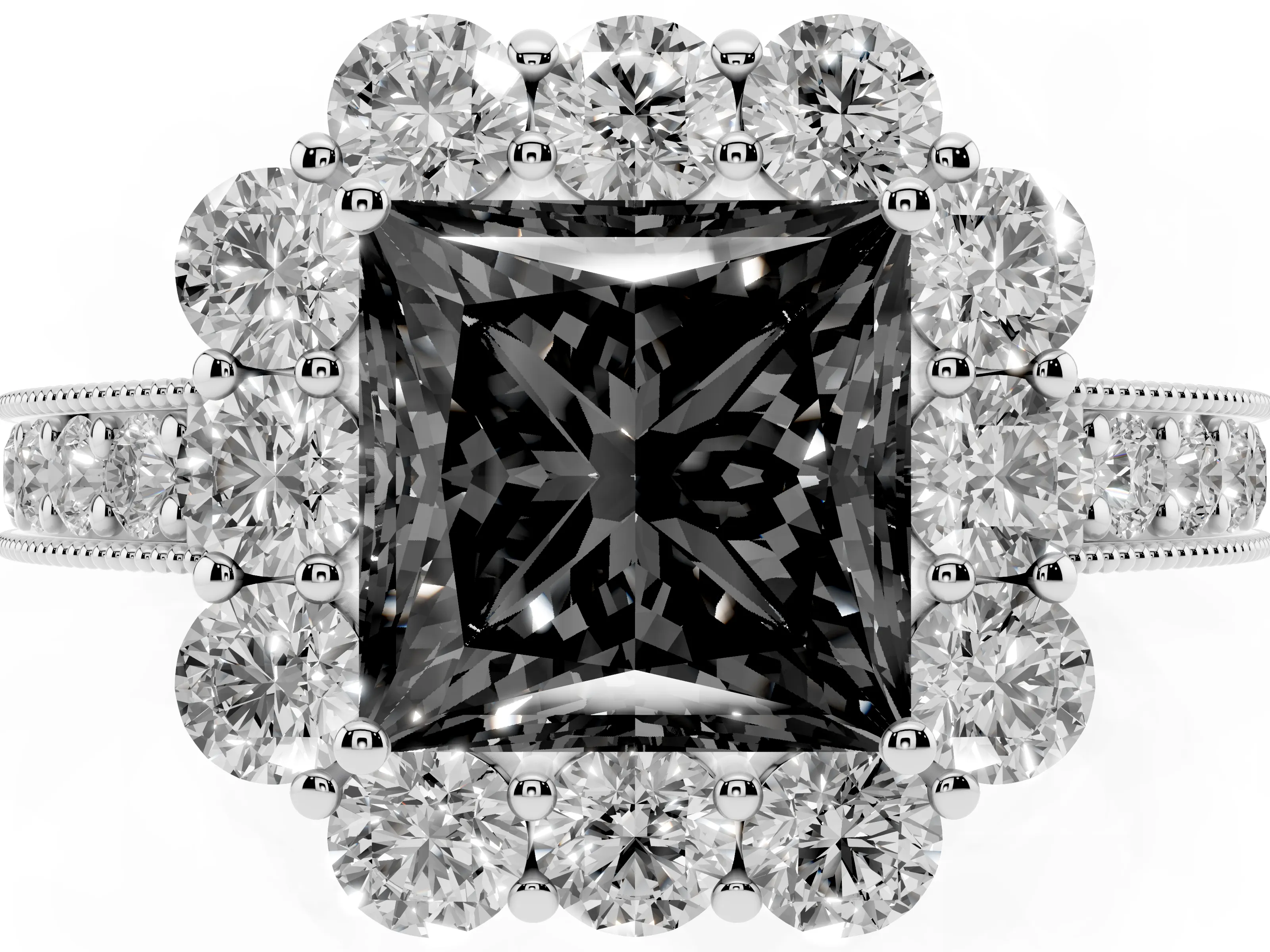 Fancy Black Princess Cut Diamond Halo Pavé Engagement Ring Set in Silver with Milgrain Detailing