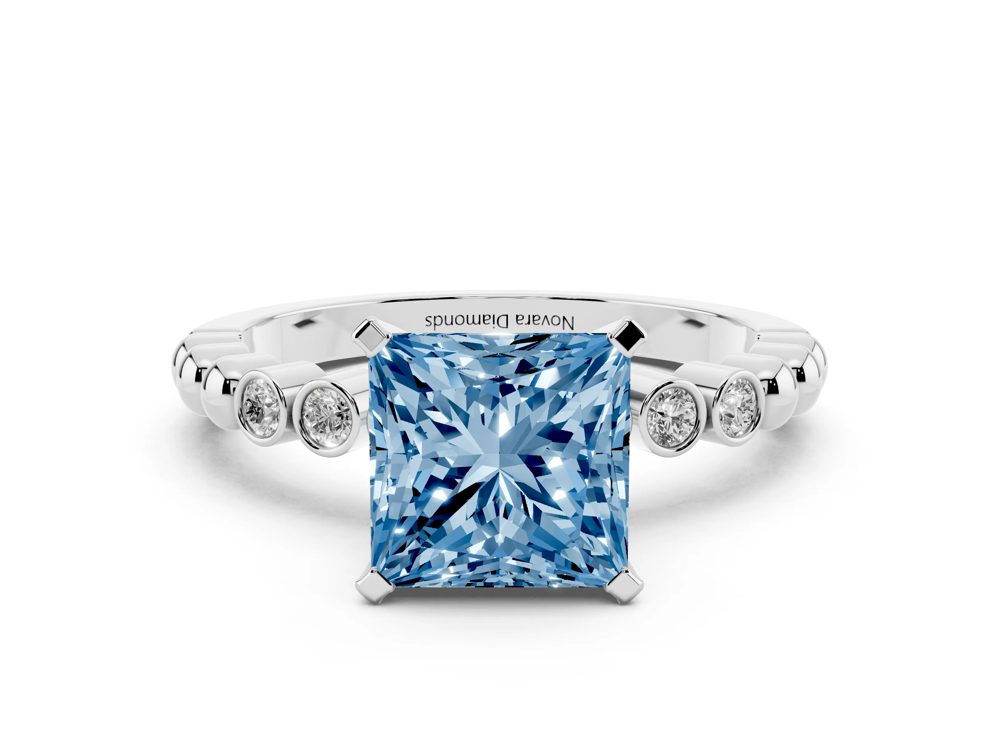 Fancy Blue Princess Cut Diamond Solitaire Engagement Ring Set in Silver with Bezel Accents on Beaded Band