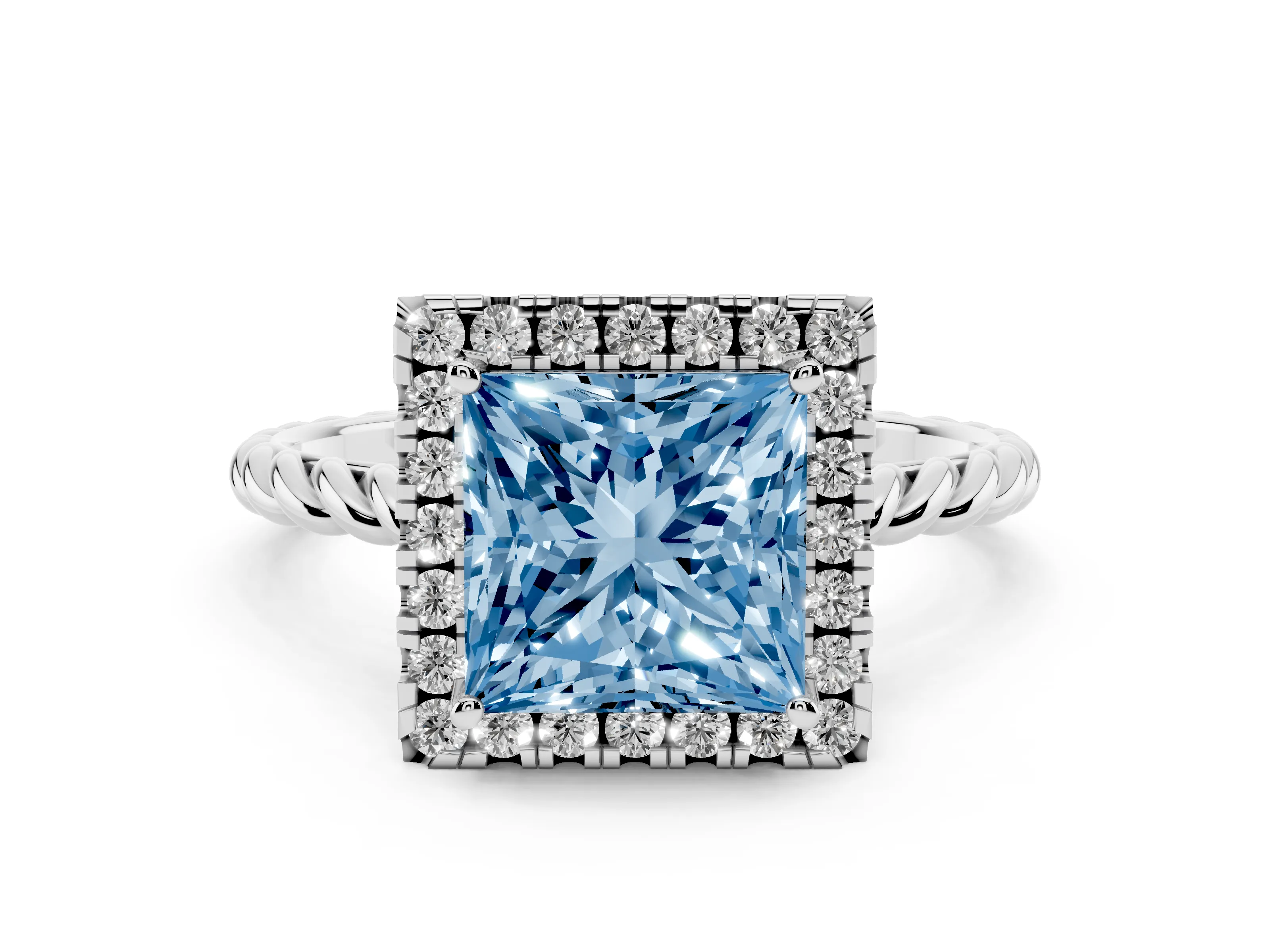 Fancy Blue Princess Cut Diamond Halo Ring Set in Platinum with Plain Twisted Band