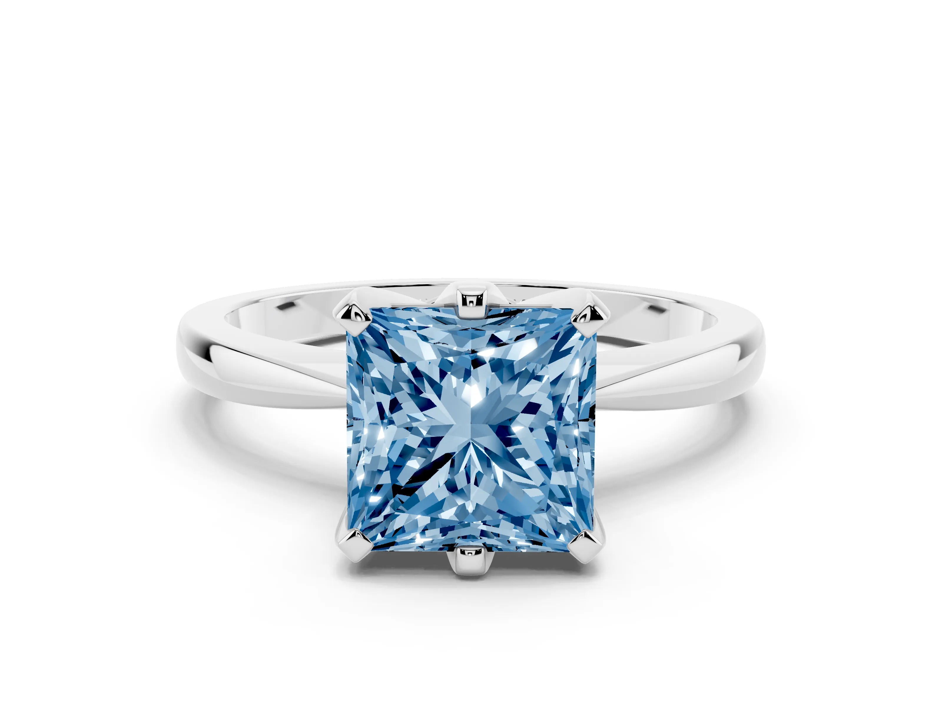 Fancy Blue Princess Cut Diamond Solitaire Engagement Ring Set in White gold with Slim Tapered Solitaire Band