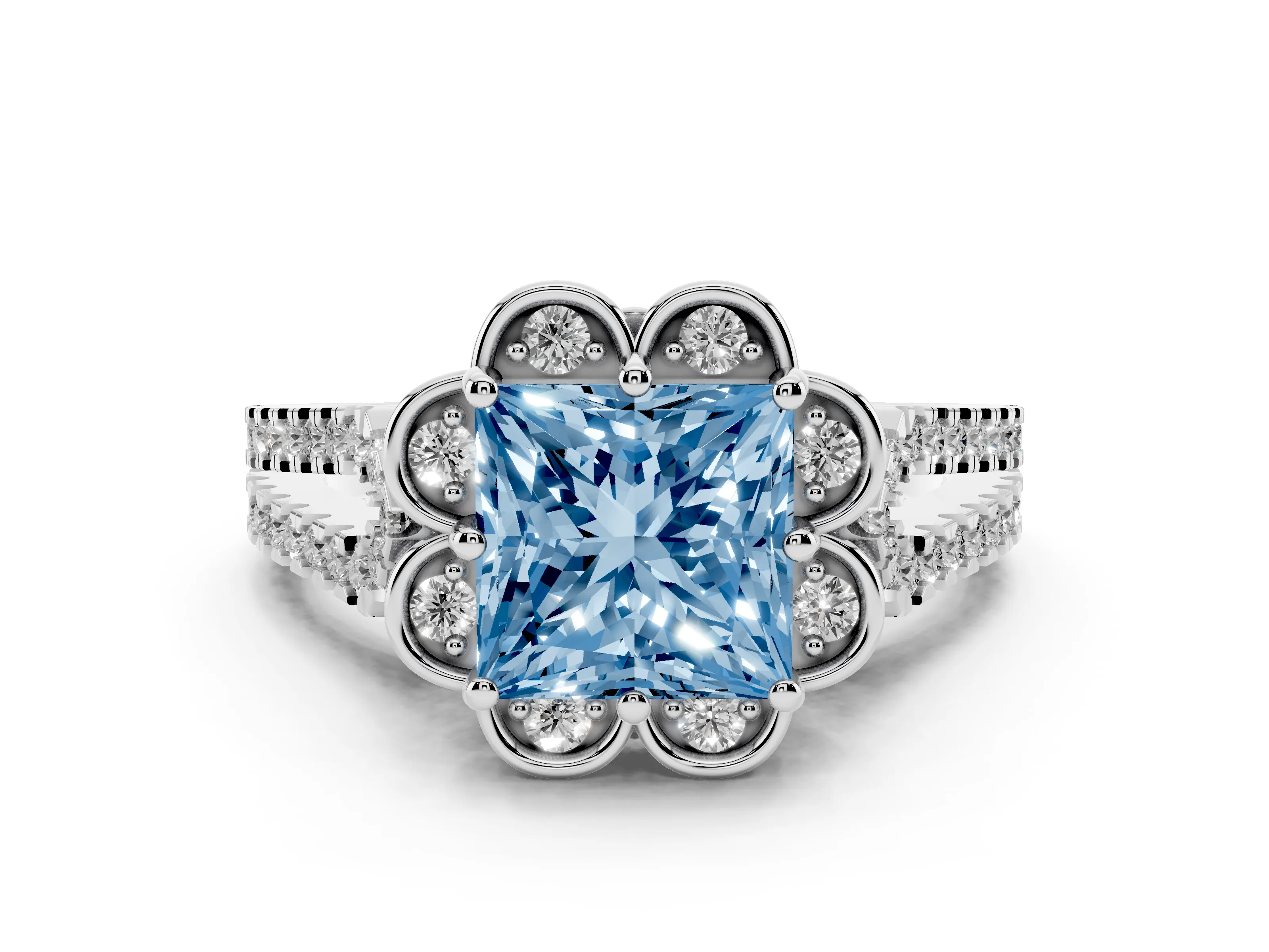 Fancy Blue Princess Cut Diamond Floral Halo Split Shank Engagement Ring Set in Platinum with Pavé Shank