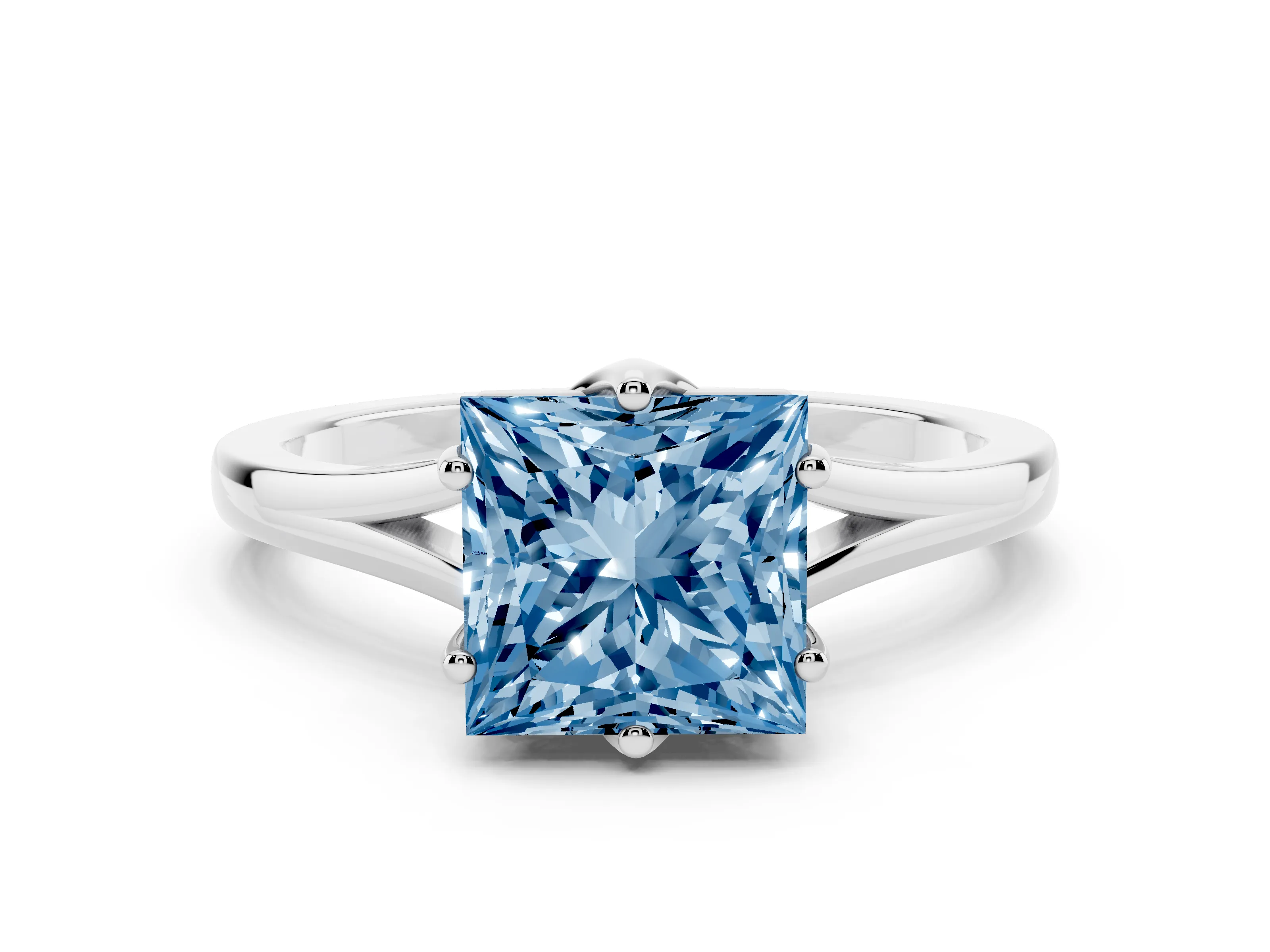 Fancy Blue Princess Cut Diamond Solitaire Ring Set in Silver with Polished Tapered Band and Prong Setting