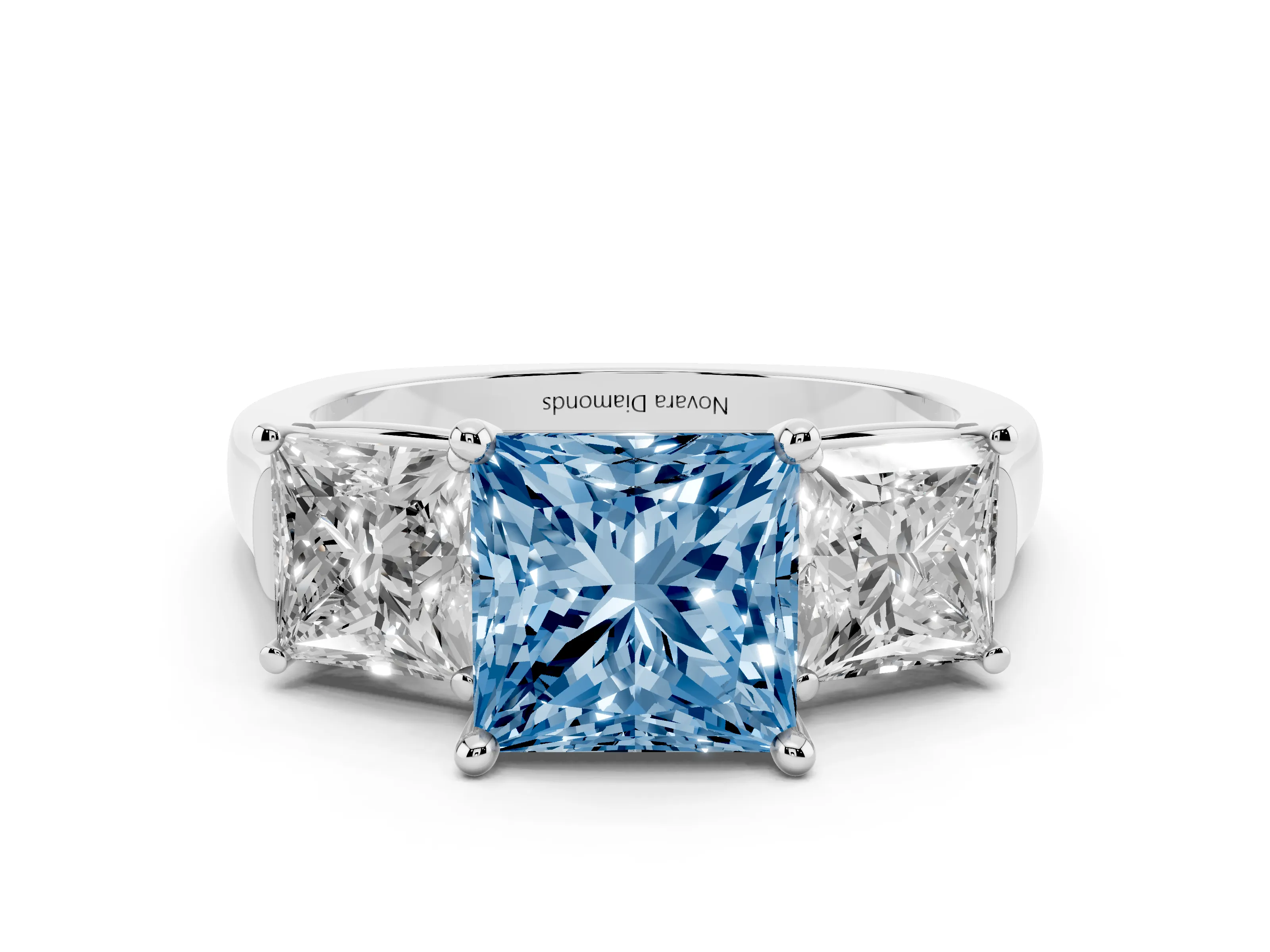 Fancy Blue Princess Cut Diamond Three-Stone Trellis Ring Set in Silver with Comfort Fit Band