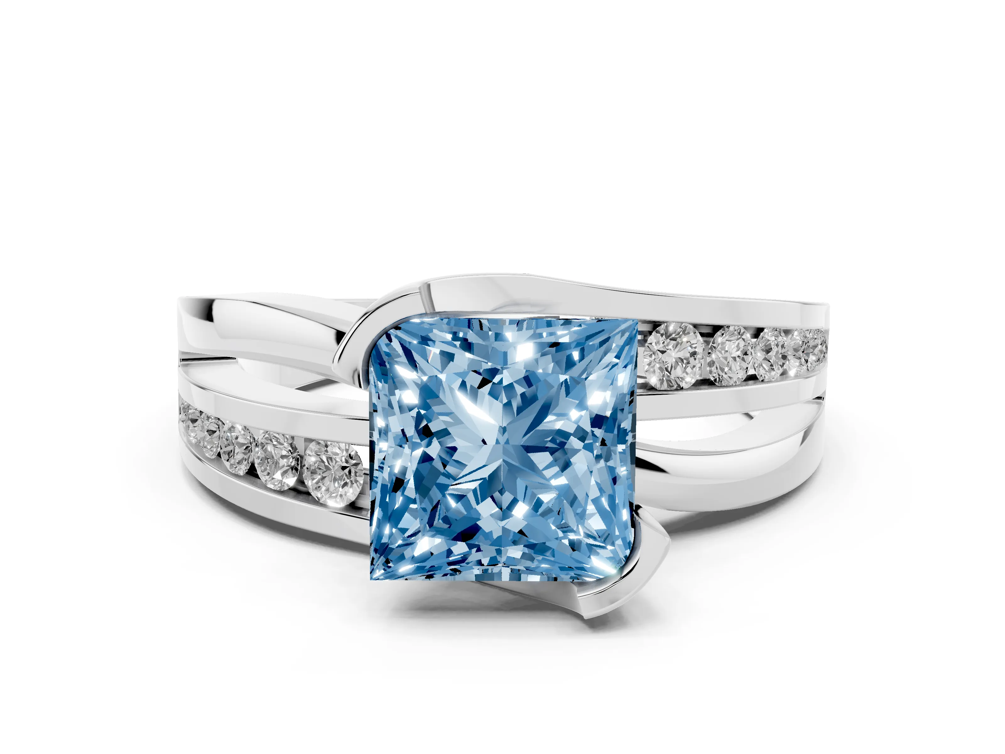 Fancy Blue Princess Cut Diamond Solitaire Ring Set in Silver with Channel Set Split Shank and Tension Prongs