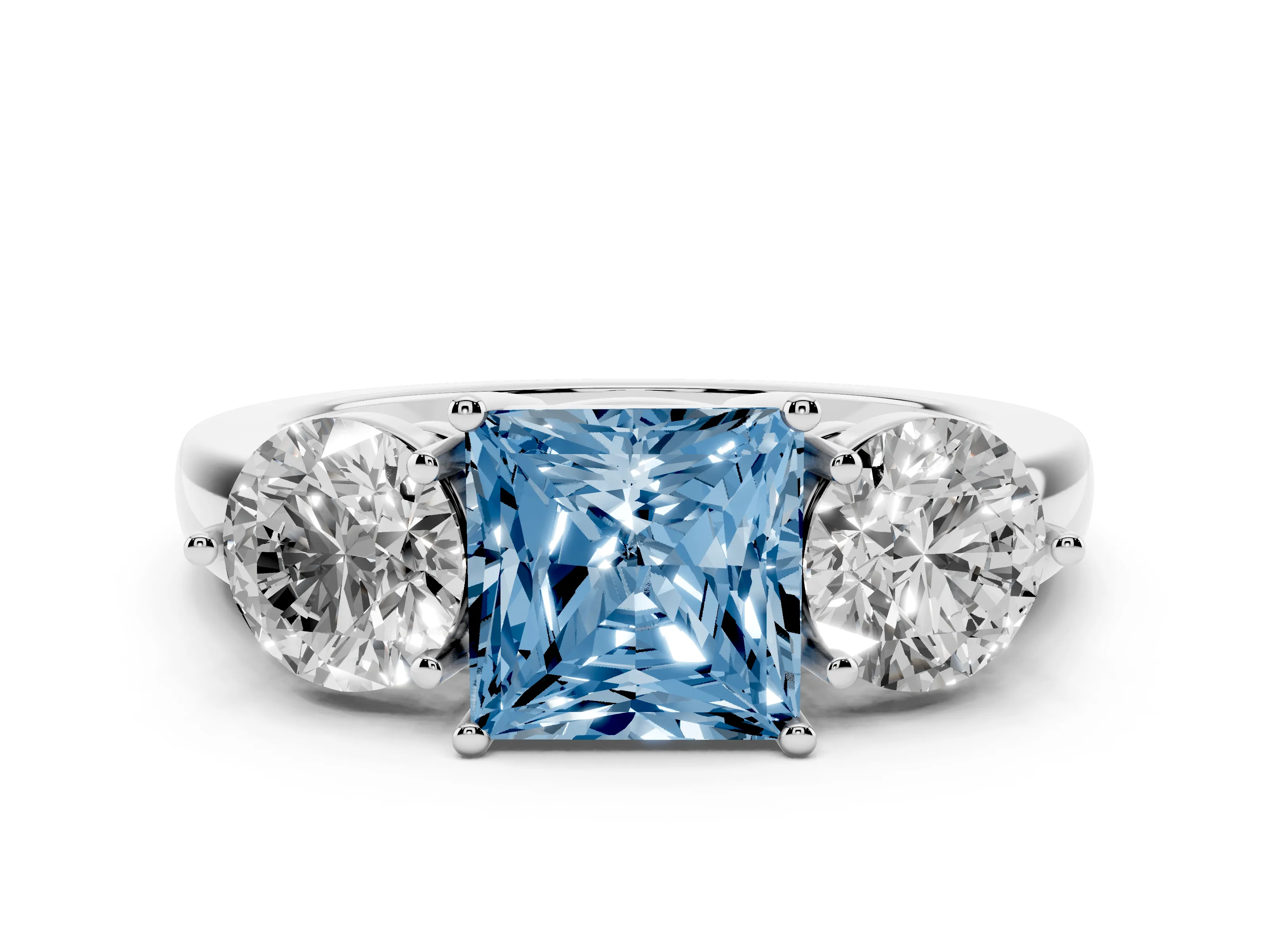 Fancy Blue Princess Cut Diamond Three-Stone Ring Set in Platinum with Prong Setting and Plain Band