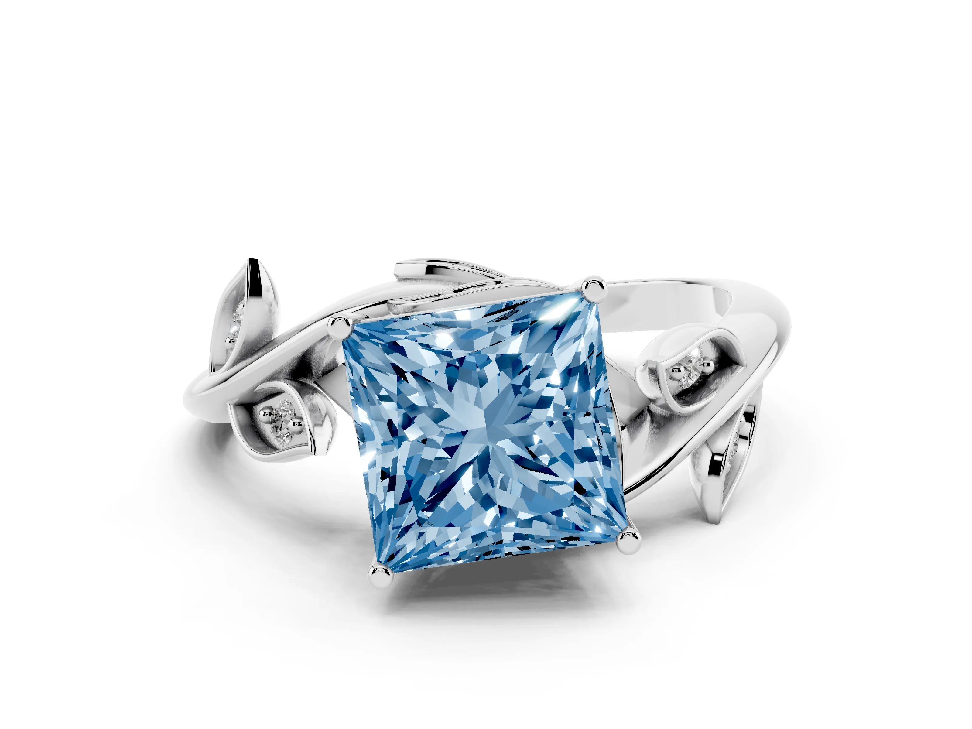 Fancy Blue Princess Cut Diamond Solitaire Twist Engagement Ring Set in White gold with Pavé Leaf Accents