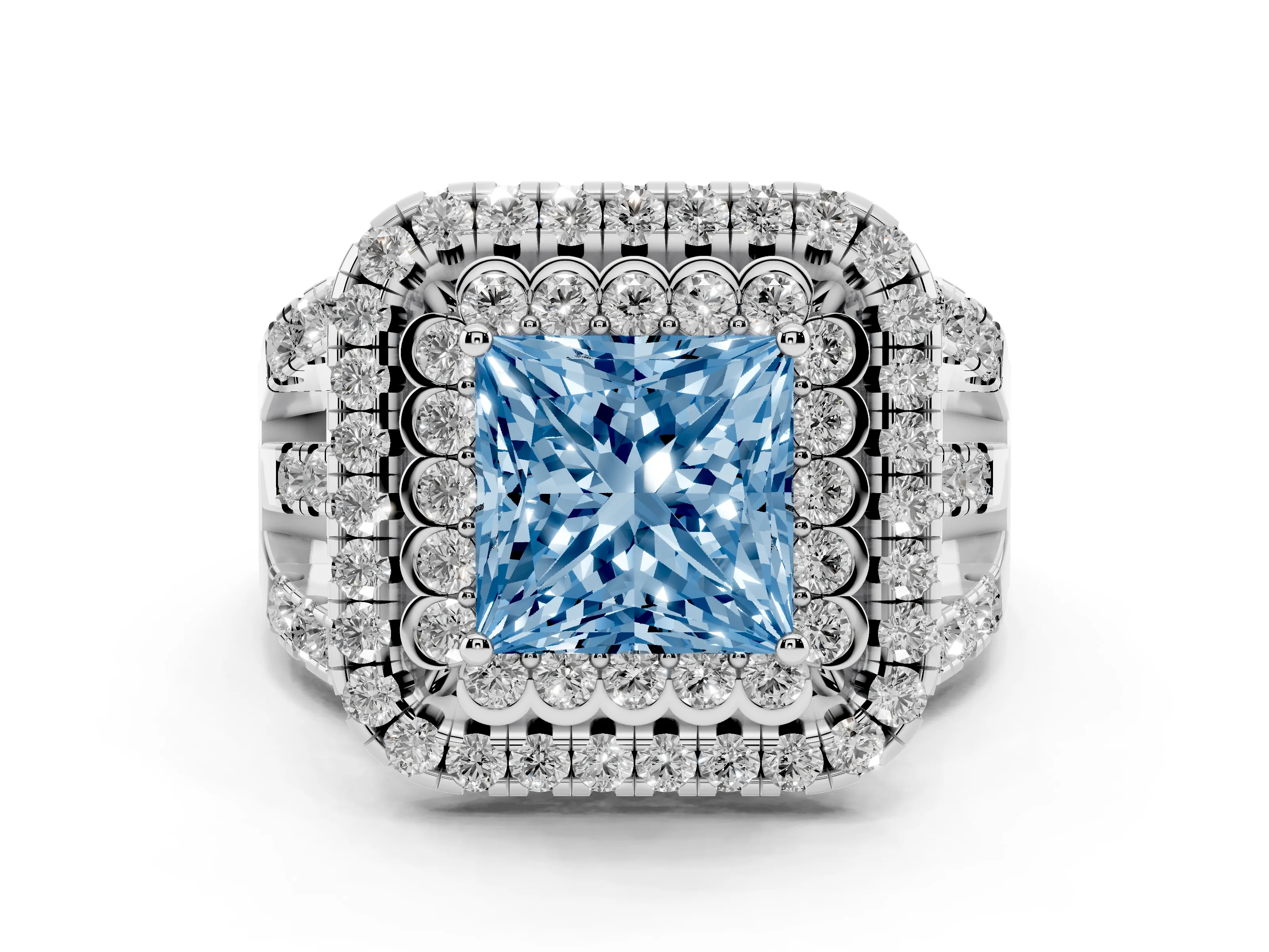 Fancy Blue Princess Cut Diamond Double Halo Ring Set in White gold with Round Pavé Split Shank