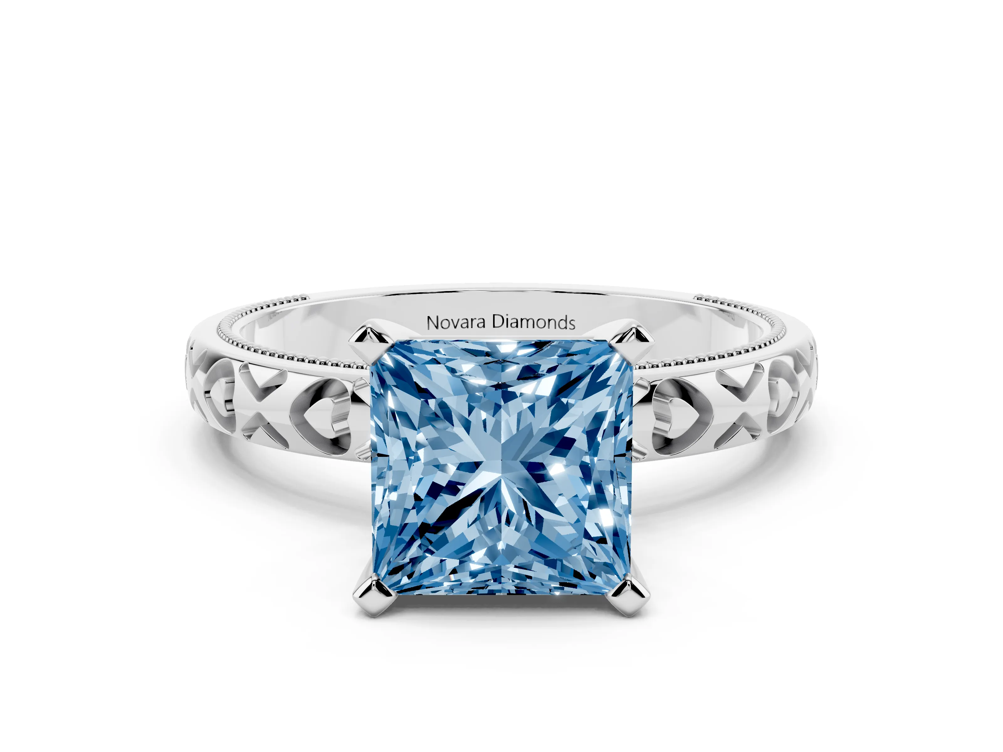 Fancy Blue Princess Cut Diamond Solitaire Engagement Ring Set in Platinum with XO Engraved Band and Prong Setting