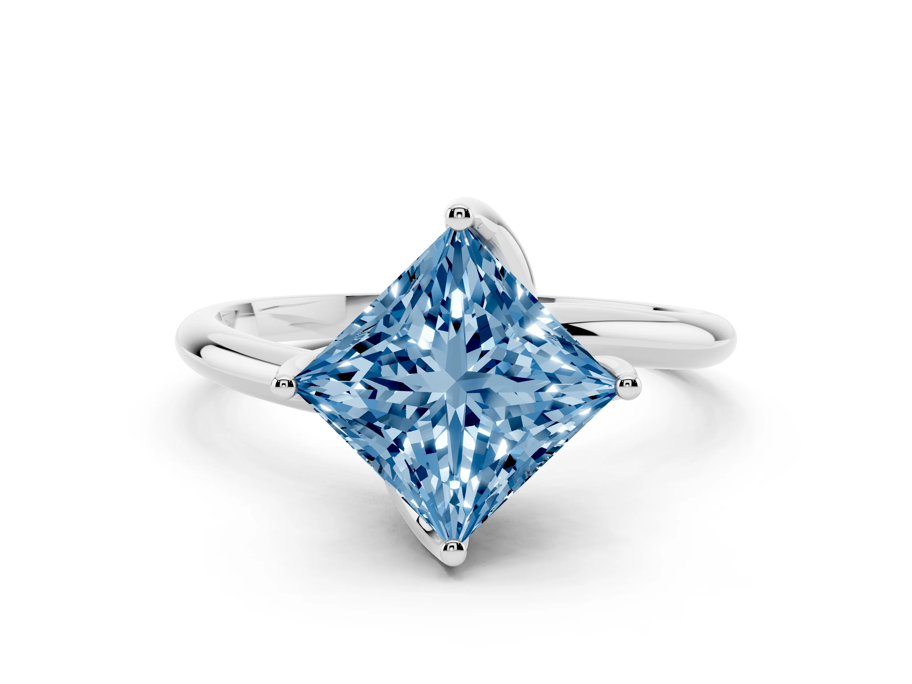 Fancy Blue Princess Cut Diamond Solitaire Engagement Ring Set in Platinum with Classic Plain Band