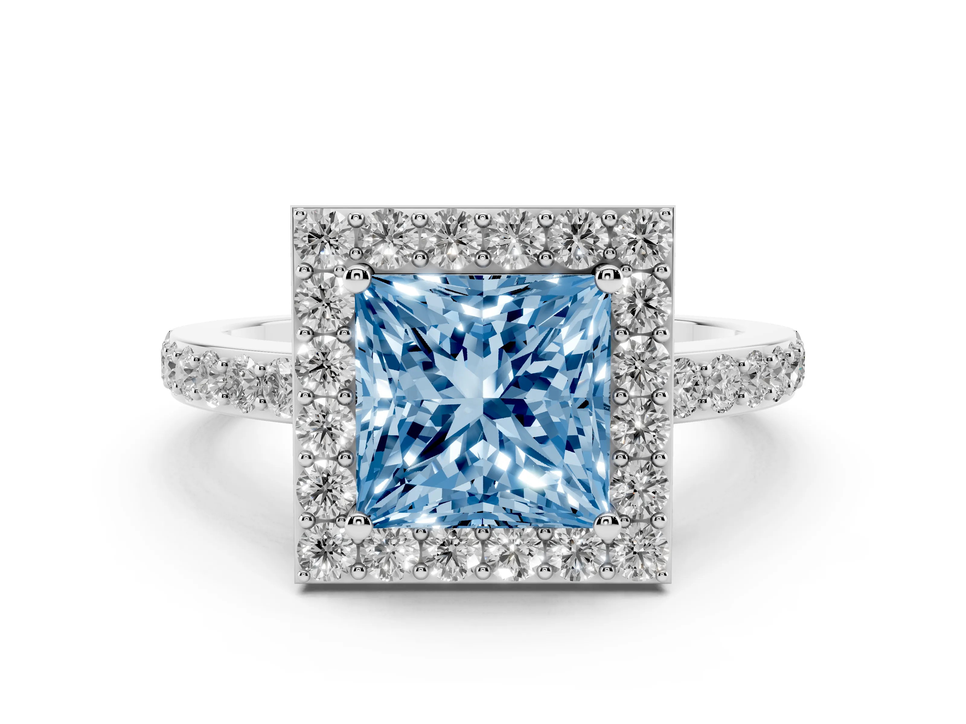 Fancy Blue Princess Cut Diamond Halo Ring Set in Silver with Pavé-Setting Band and Open Prong Center