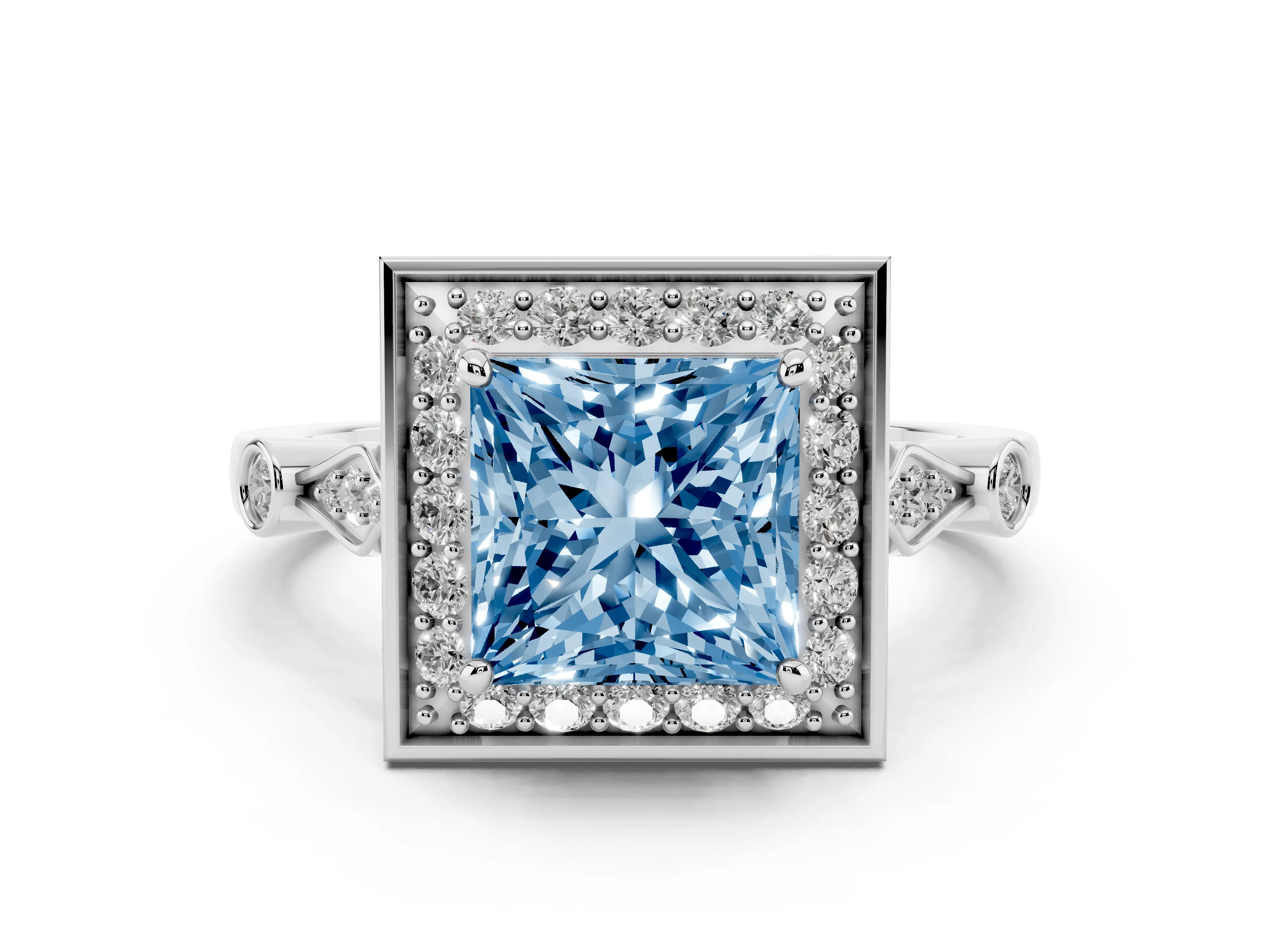 Fancy Blue Princess Cut Diamond Halo Engagement Ring Set in Platinum with Twisted Band and Prong Setting