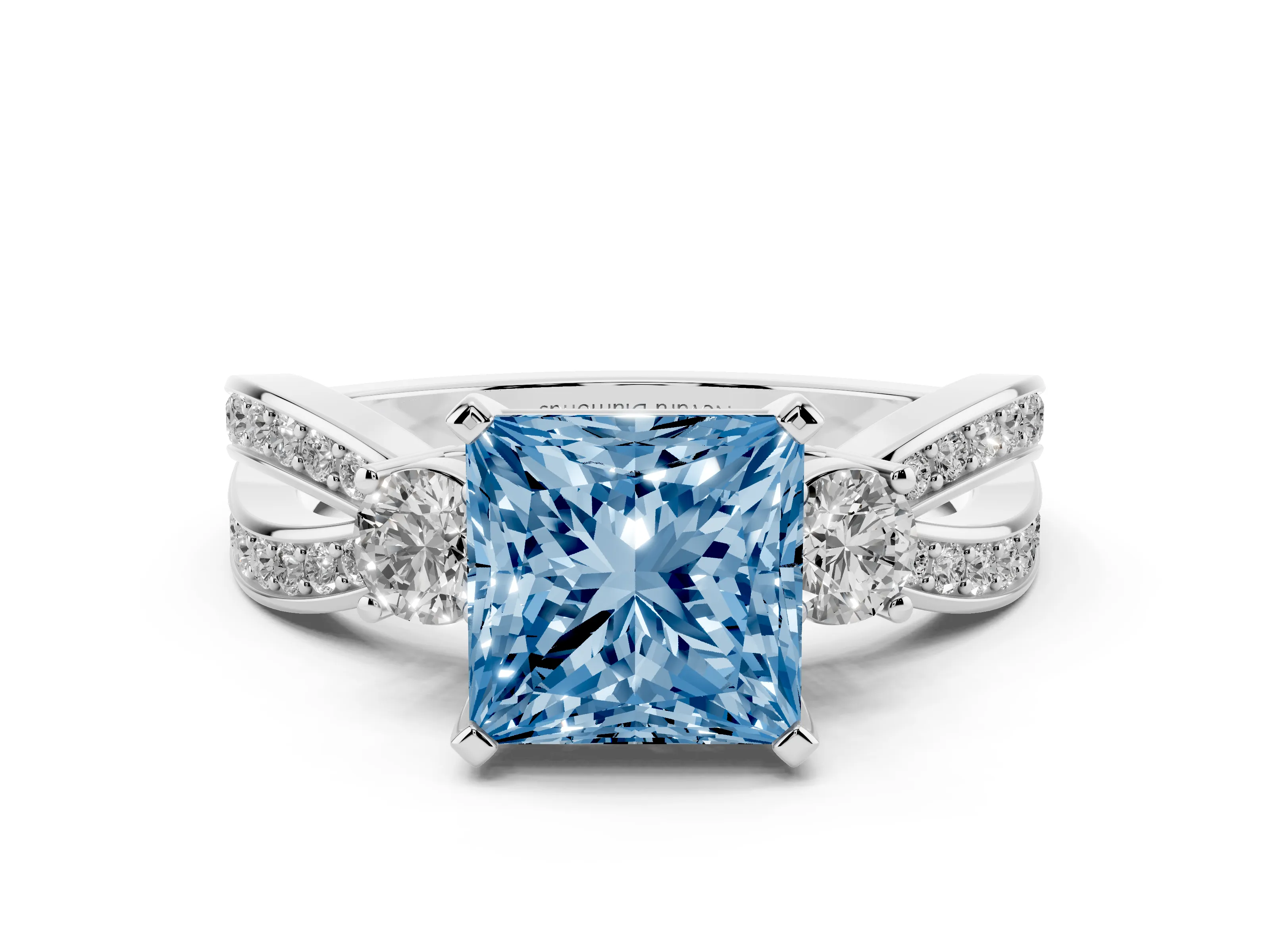 Fancy Blue Three-Stone Princess Cut Diamond Twist Band Ring Set in Silver with Pavé Accents and Prong Setting
