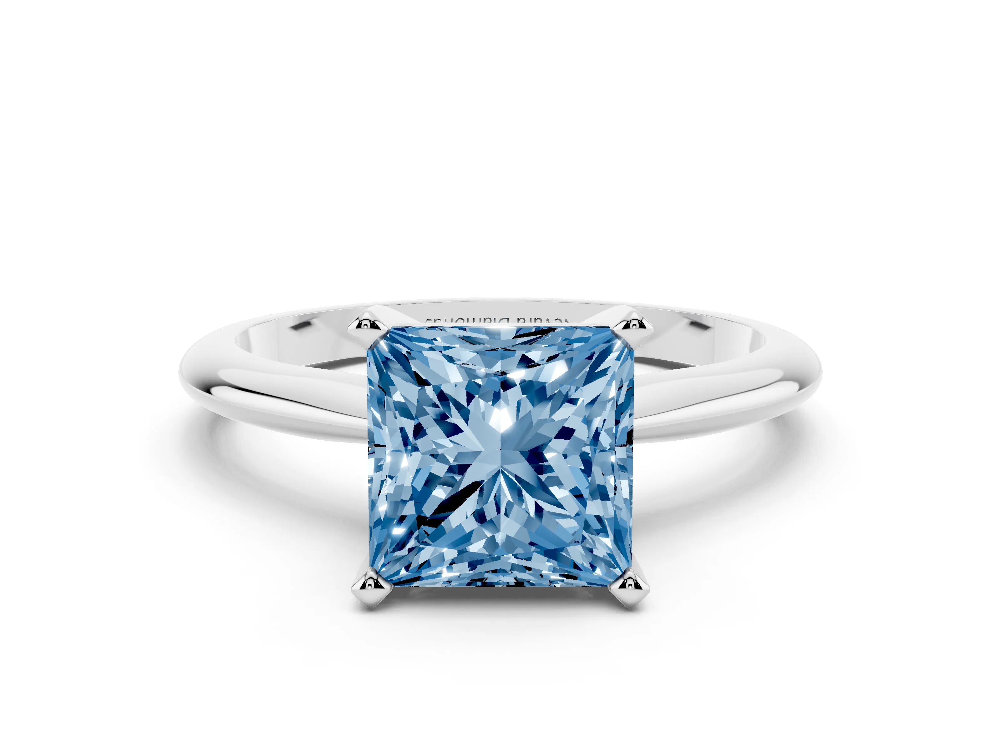Fancy Blue Princess Cut Diamond Solitaire Ring Set in Platinum with Prong Setting on a Plain Round Band