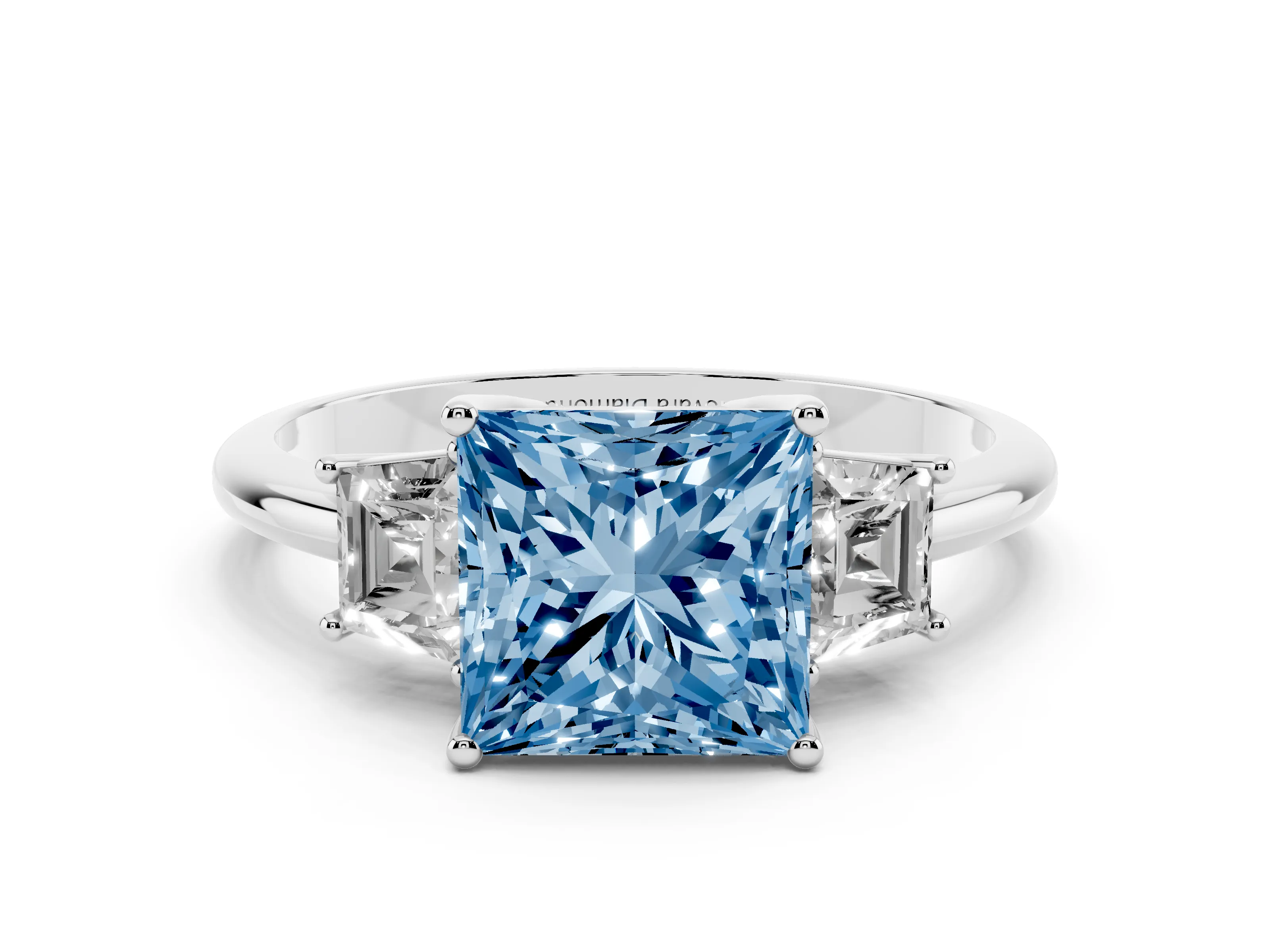 Fancy Blue Princess Cut Diamond Three-Stone Ring Set in Silver with Trapezoid Side Stones and Prong Setting