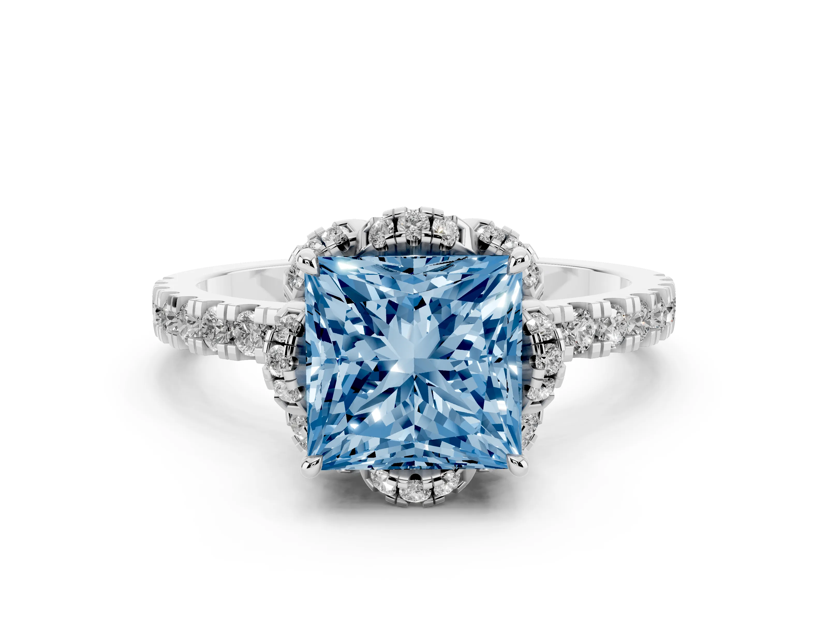 Fancy Blue Princess Cut Diamond Halo Pavé Band Ring Set in Platinum with Prong-Held Center