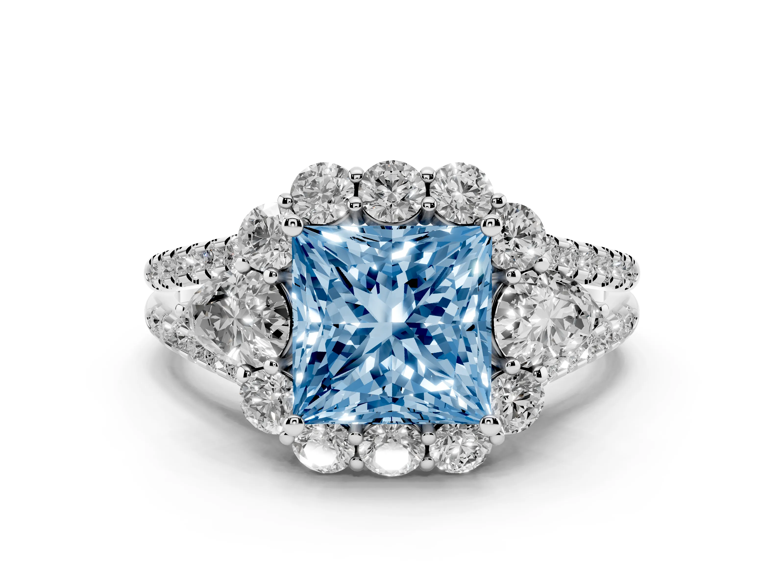 Fancy Blue Princess Cut Diamond Halo Split Shank Engagement Ring Set in Platinum with Prong-Held Center Stone