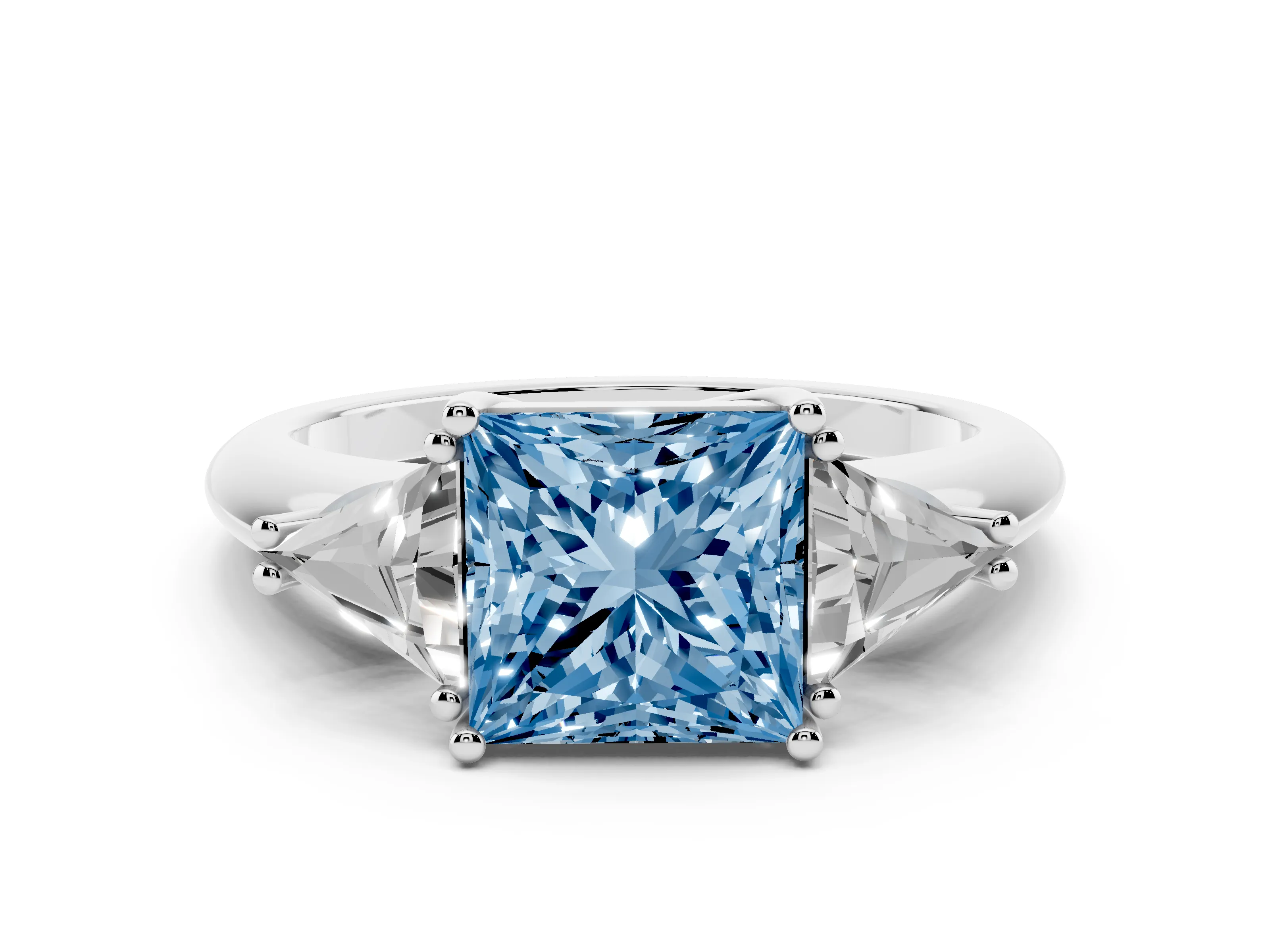 Fancy Blue Princess Cut Diamond Three-Stone Engagement Ring Set in Silver with Trillion Side Stones