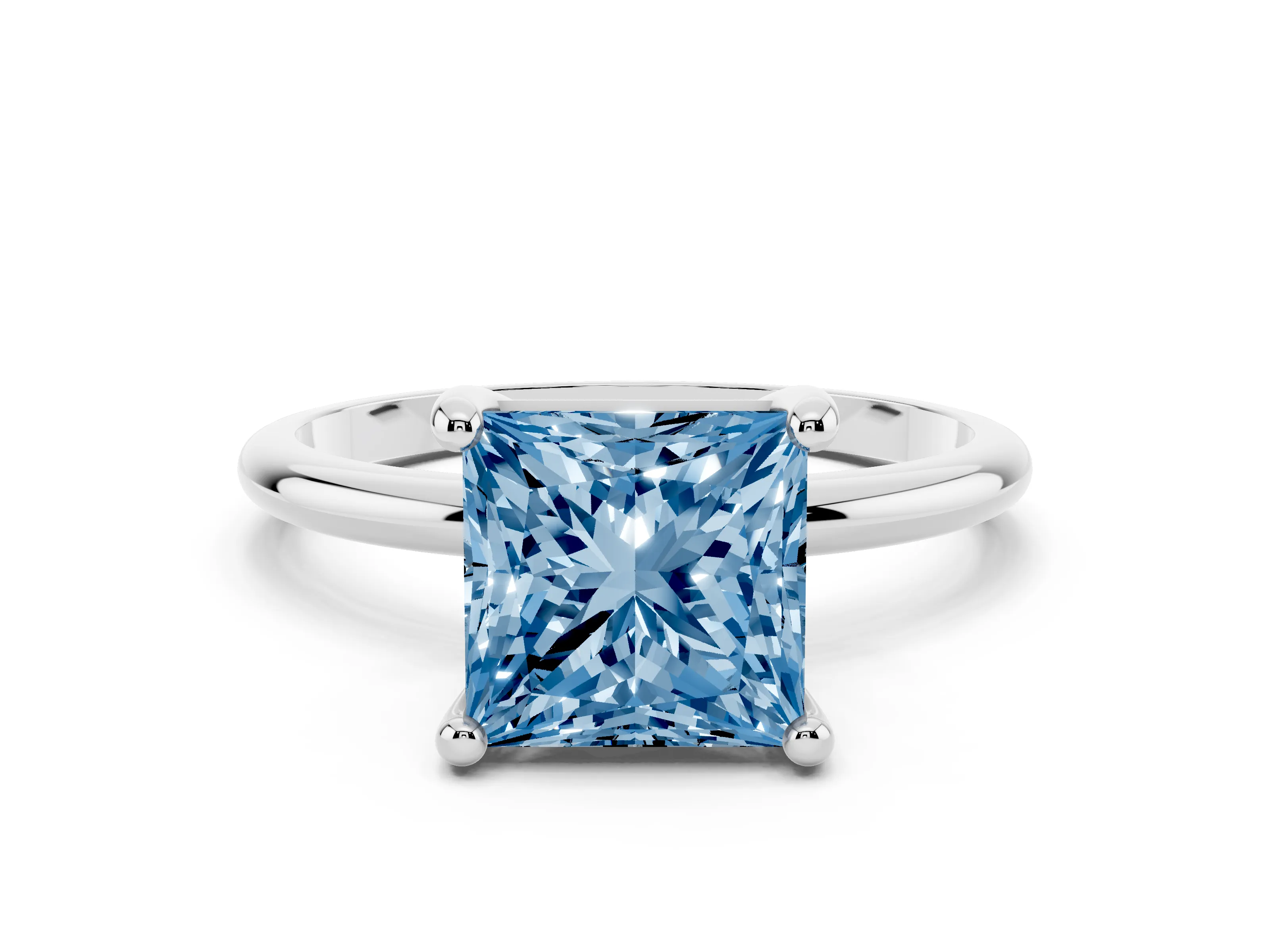Fancy Blue Princess Cut Diamond Solitaire Ring Set in White gold with Secure Prong Setting on a Classic Band