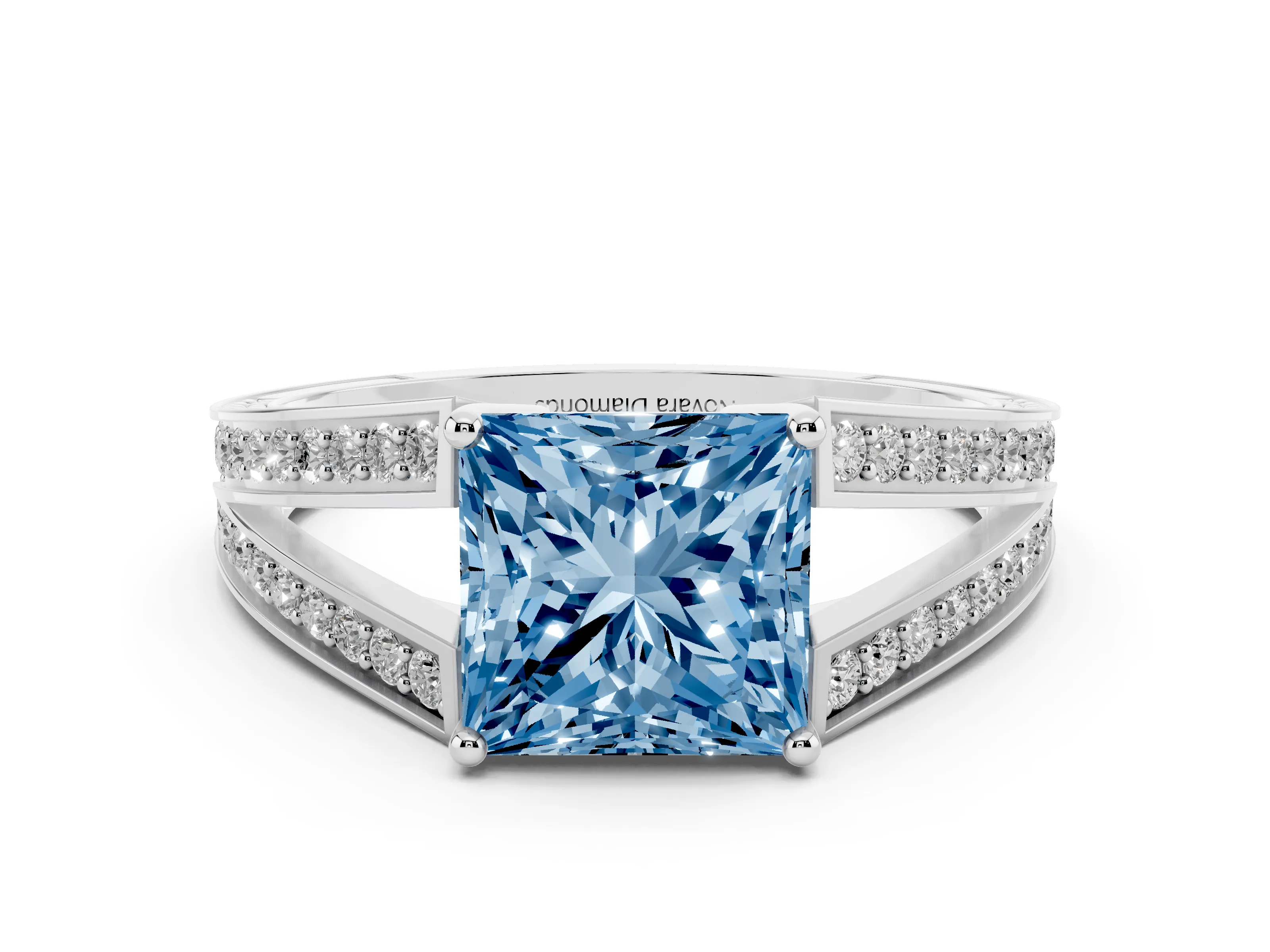 Fancy Blue Princess Cut Diamond Split Shank Ring Set in Platinum with Pavé Band and Prong Setting