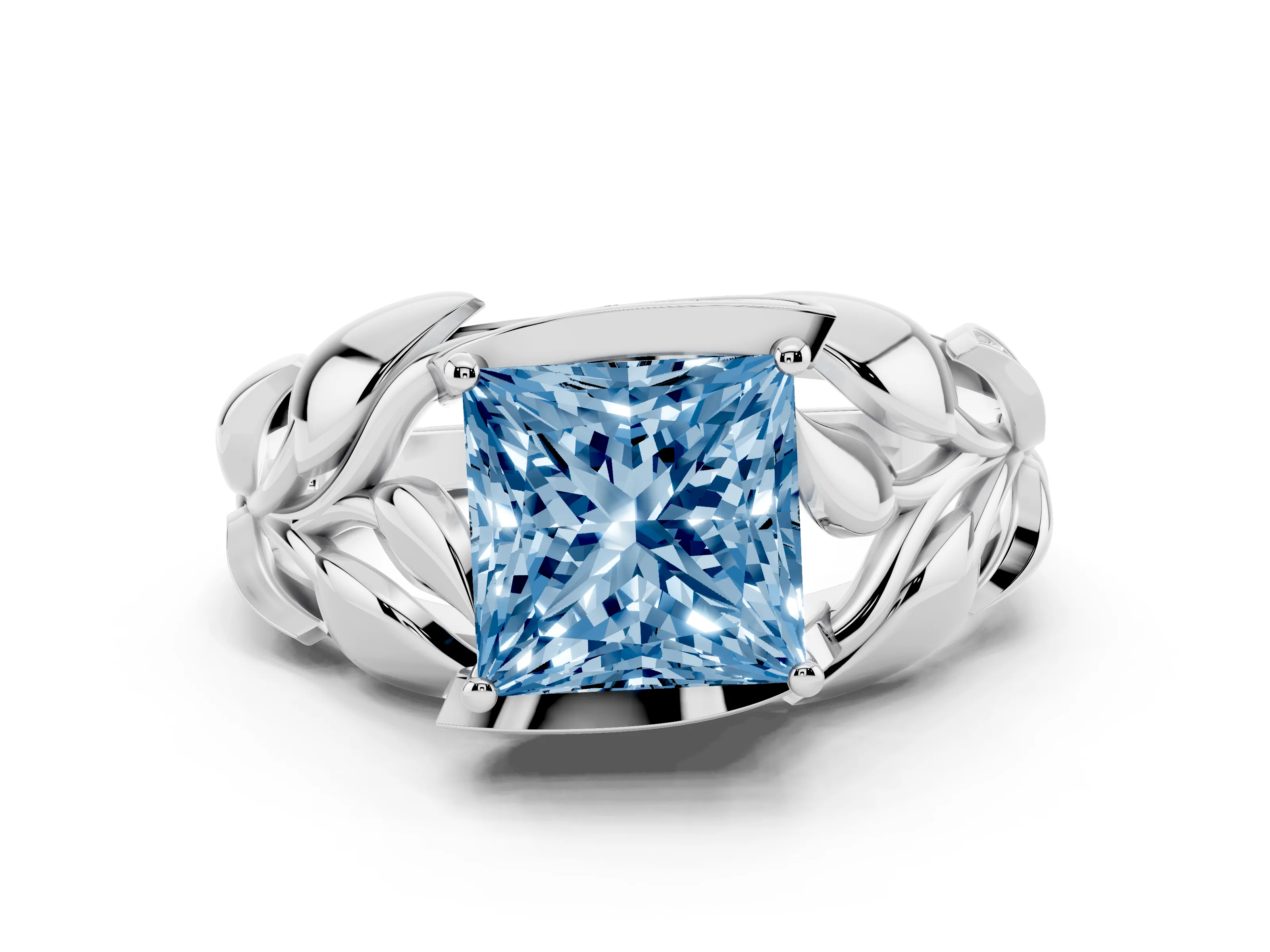 Fancy Blue Princess Cut Diamond Leaf-Inspired Engagement Ring Set in White gold with Round Accents