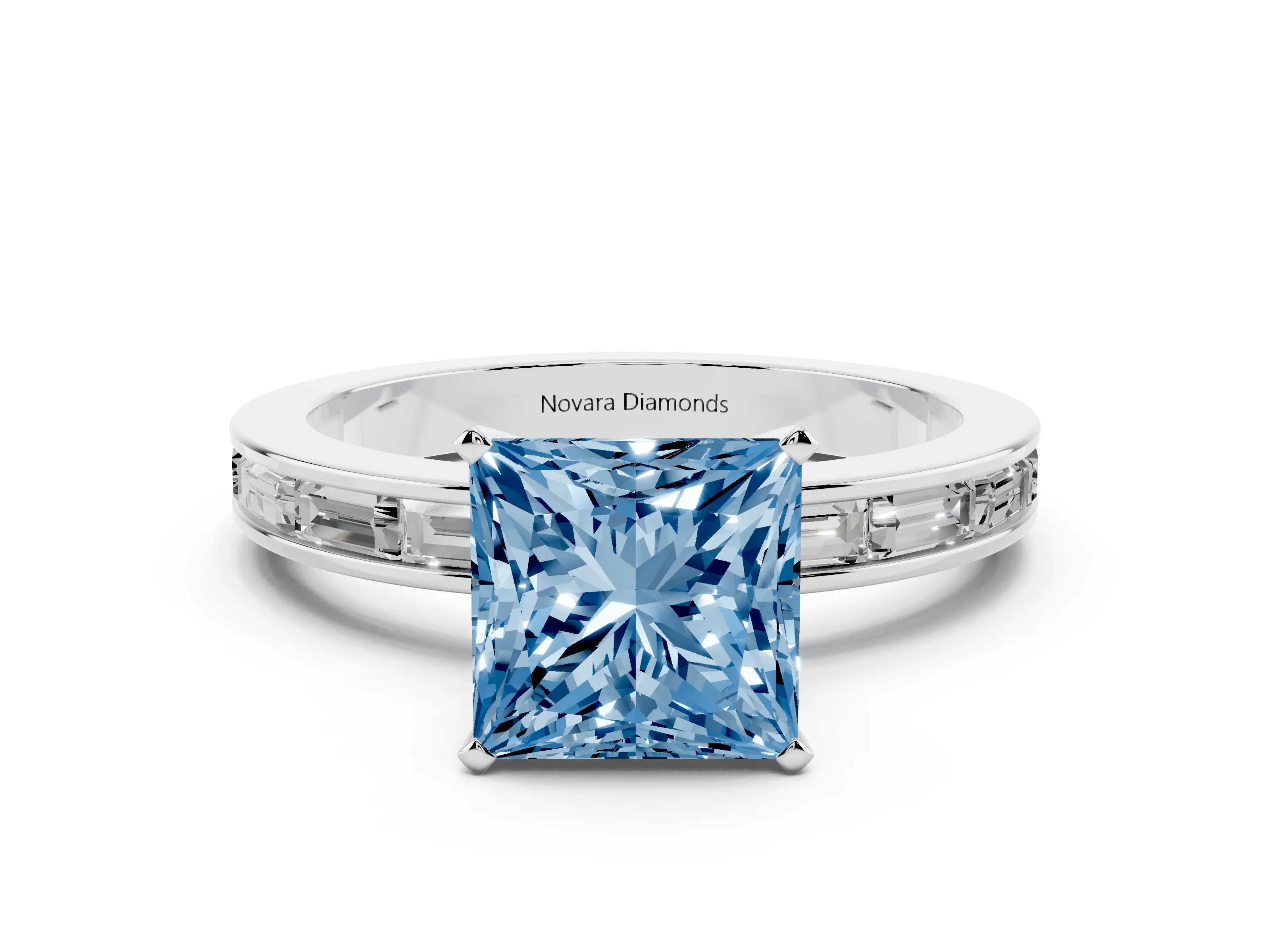 Fancy Blue Princess Cut Diamond Solitaire Ring Set in Platinum with Channel-Set Baguette Band and Prong Setting