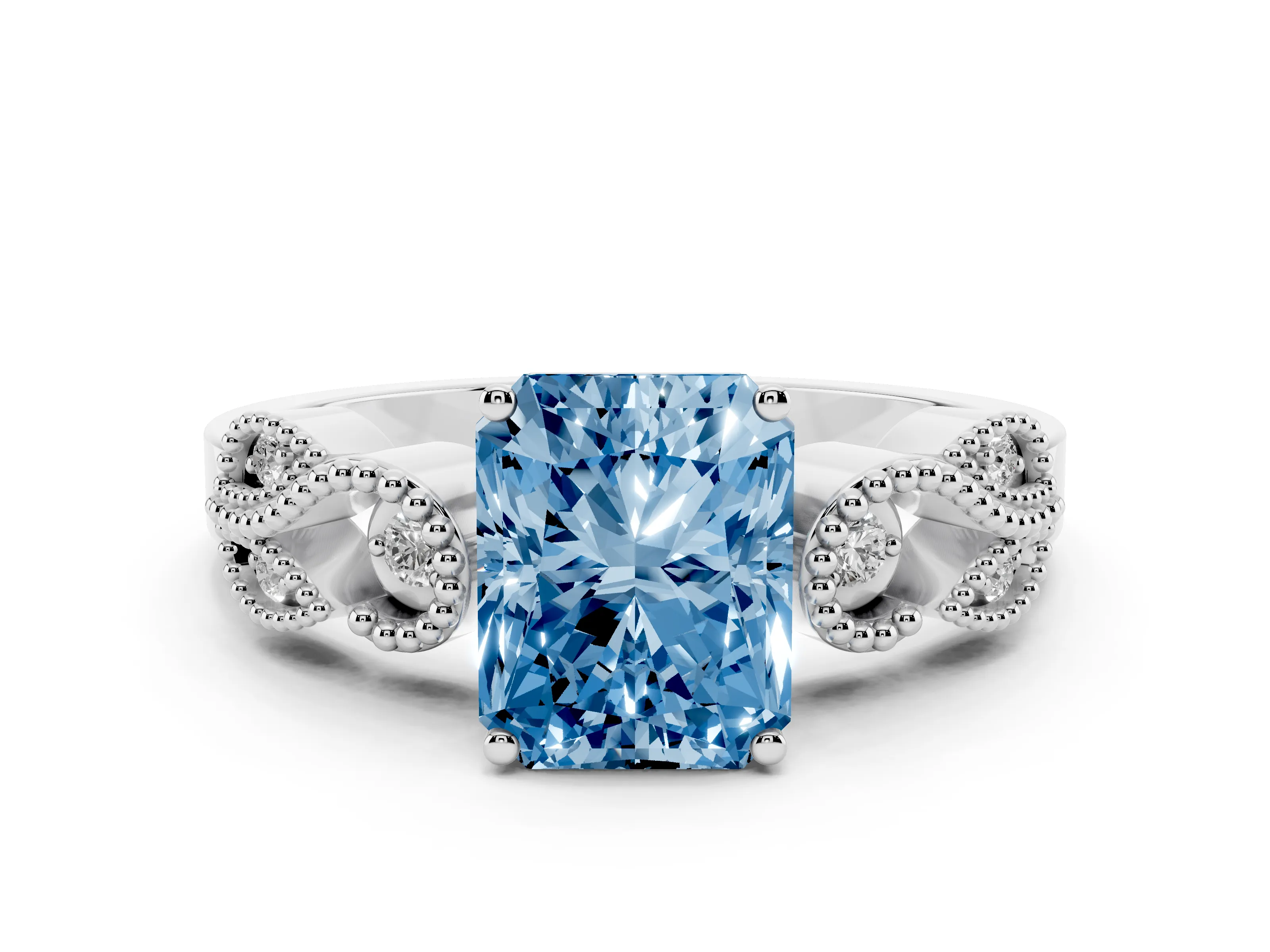 Fancy Blue Princess Cut Diamond Milgrain Leaf Band Solitaire Ring Set in White gold with Accent Stones and Prong Setting