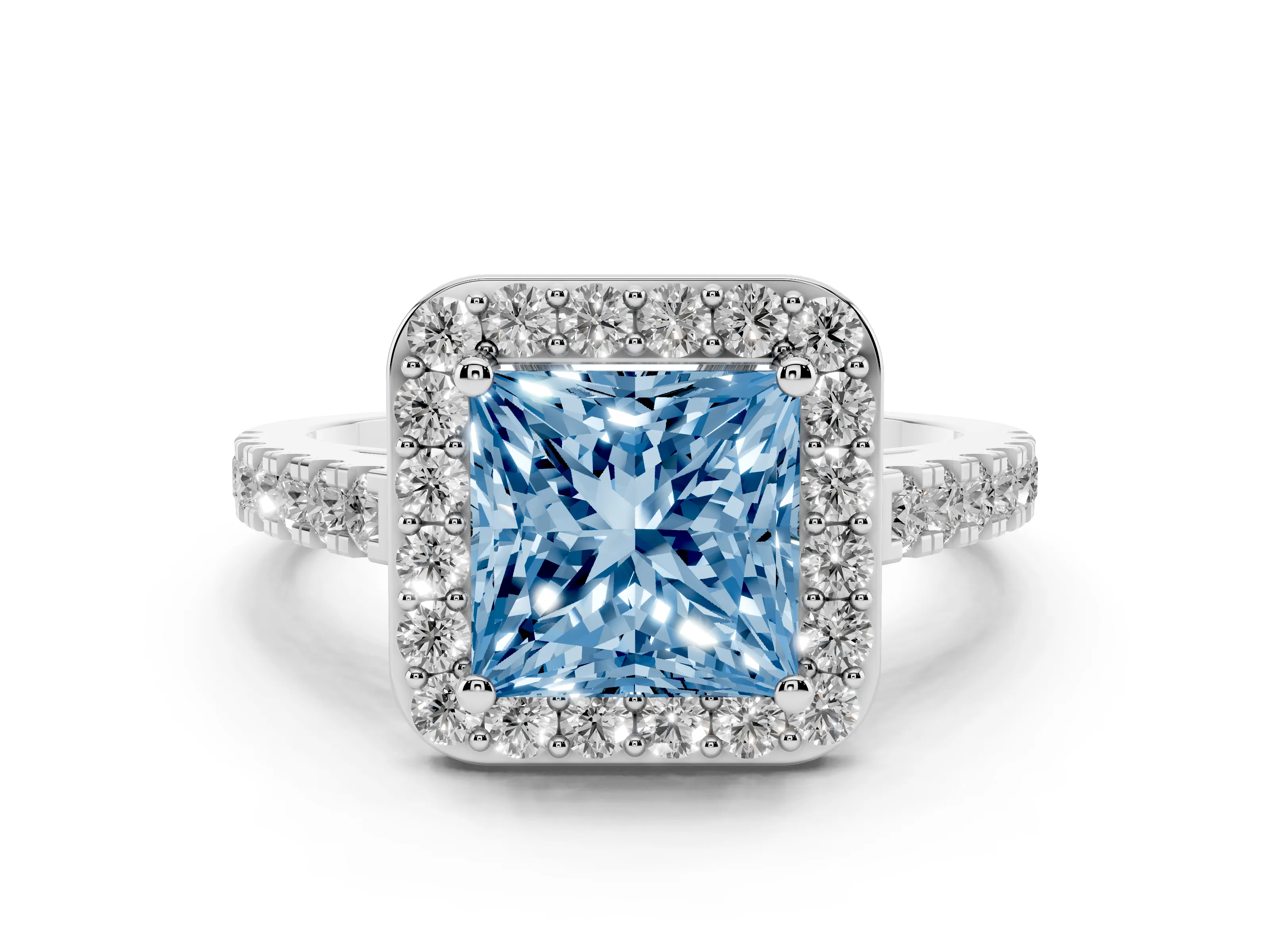 Fancy Blue Princess Cut Diamond Halo Ring Set in Platinum with Round Pavé Split Shank and Prong Setting