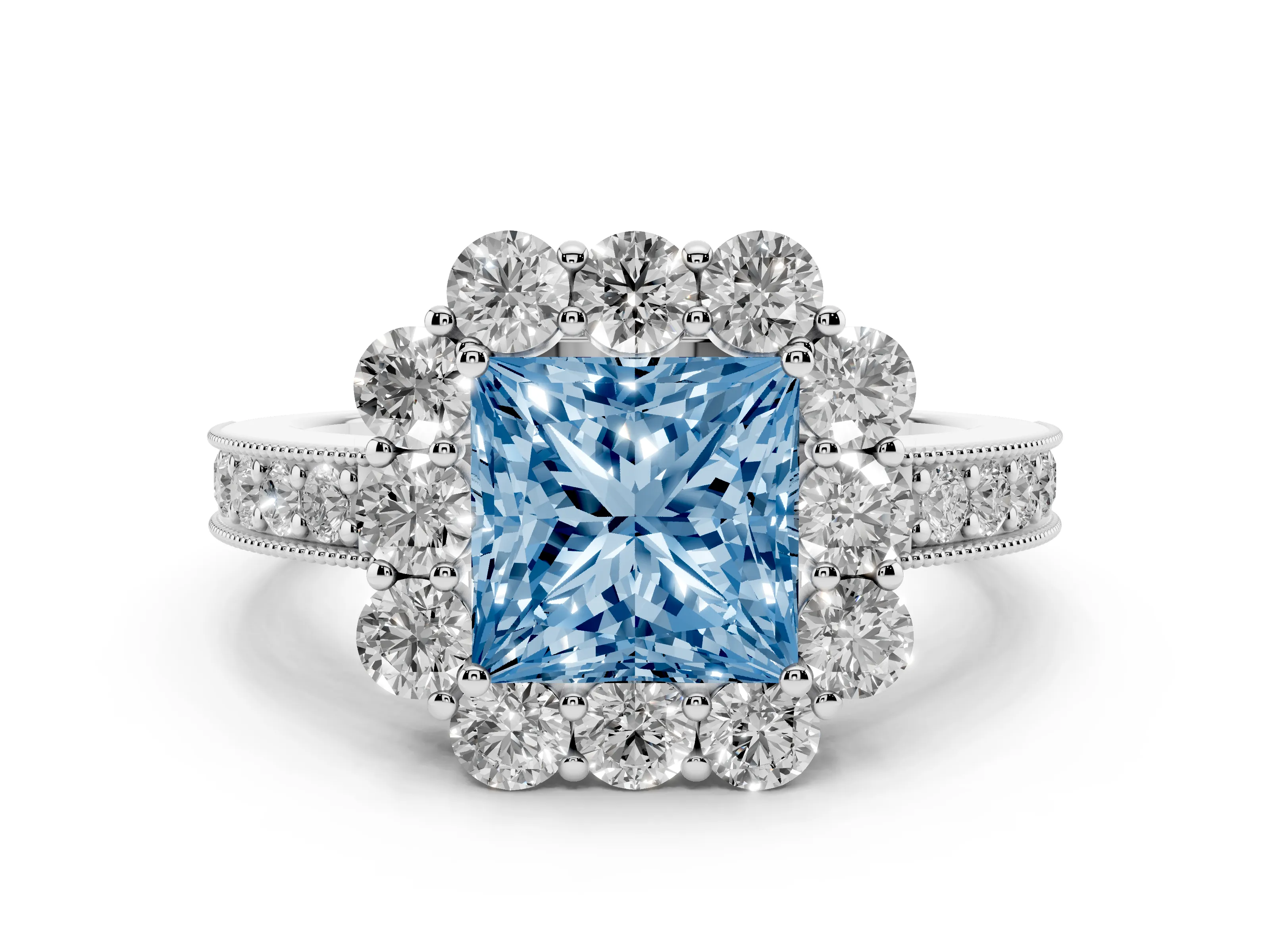 Fancy Blue Princess Cut Diamond Halo Pavé Engagement Ring Set in White gold with Milgrain Detailing