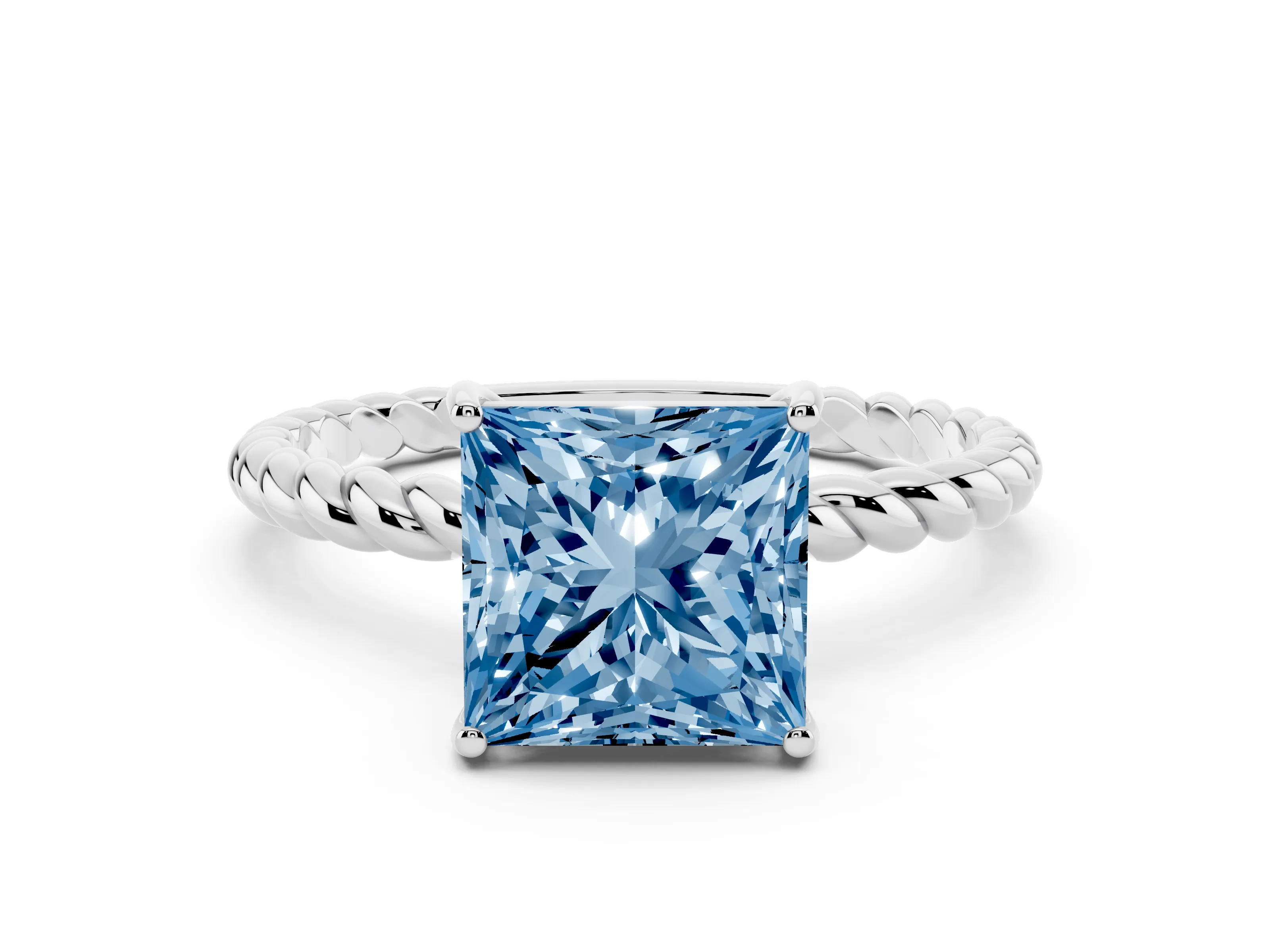 Fancy Blue Princess Cut Diamond Solitaire Ring Set in Platinum with Twist Band and Prong Setting