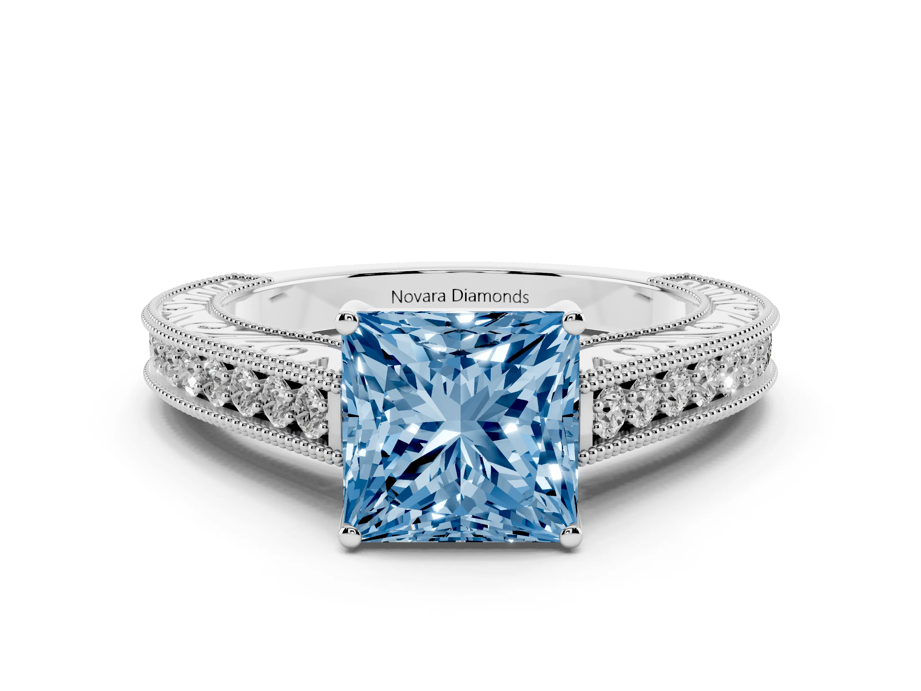 Fancy Blue Princess Cut Diamond Milgrain Pavé Band Solitaire Ring Set in White gold with Prong Setting