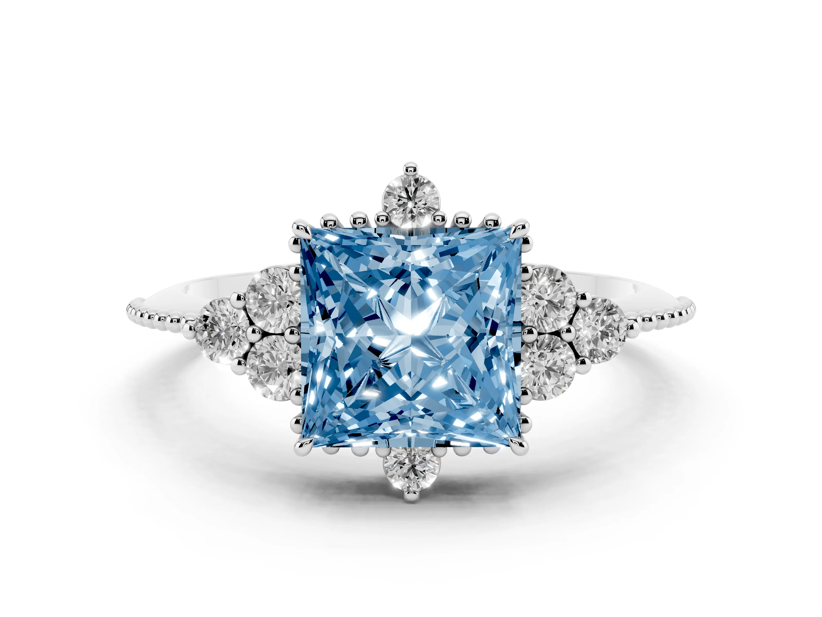 Fancy Blue Princess Cut Diamond Cluster Ring Set in Silver with Beaded Band