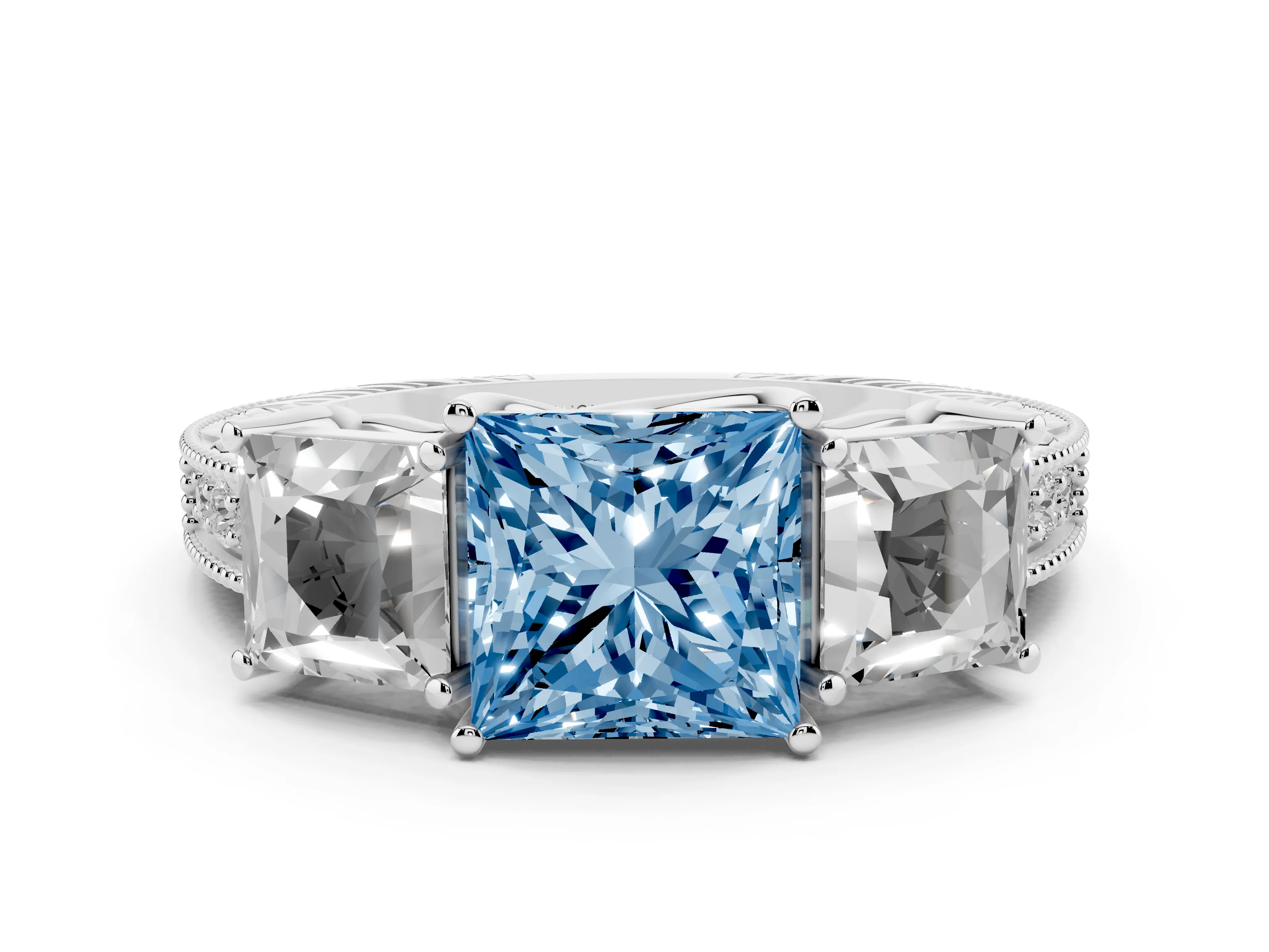 Fancy Blue Princess Cut Diamond Three-Stone Engagement Ring Set in White gold with Milgrain Pavé Band