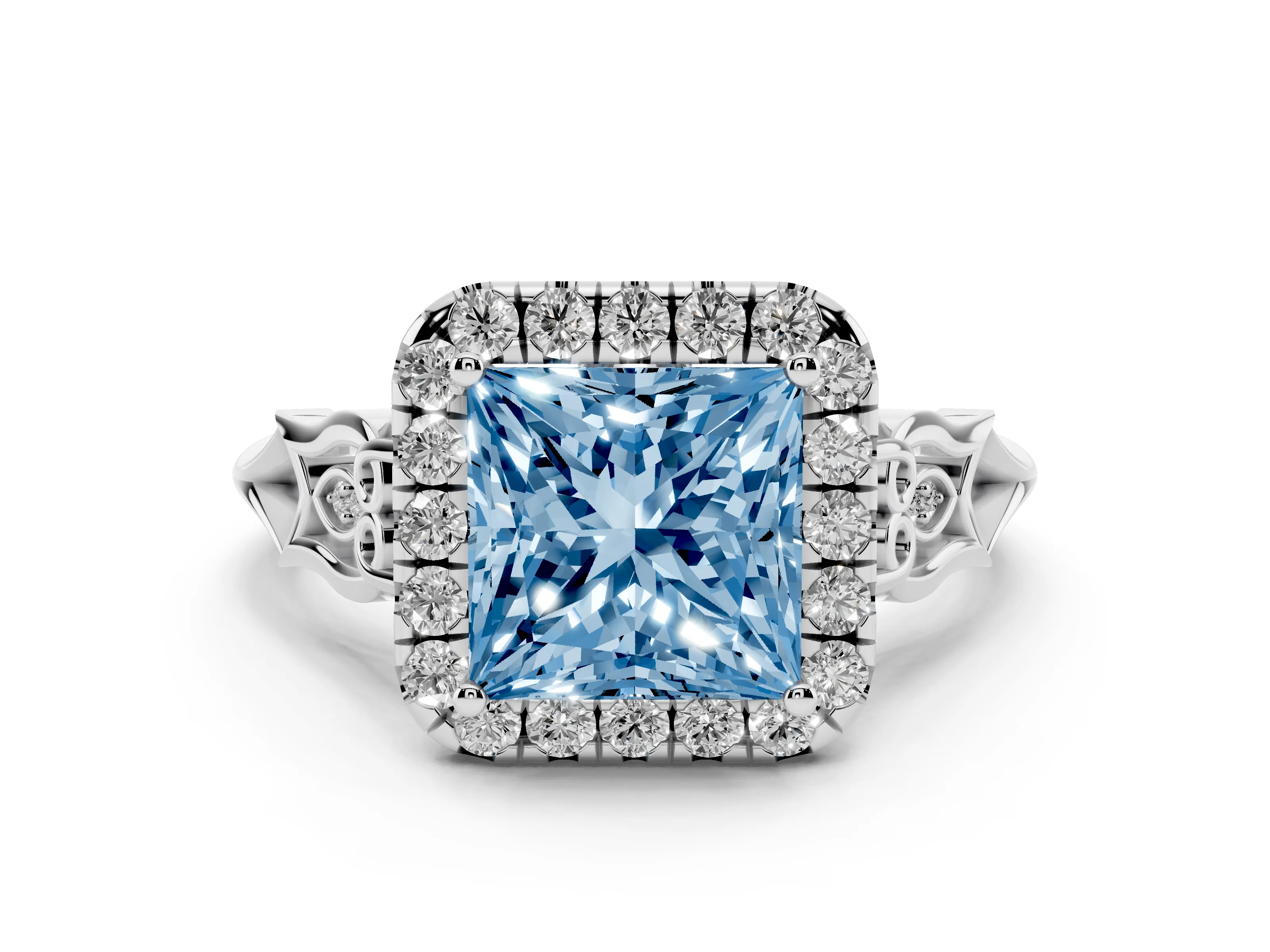 Fancy Blue Princess Cut Diamond Halo Engagement Ring Set in Platinum with Filigree Band and Prong-Set Center