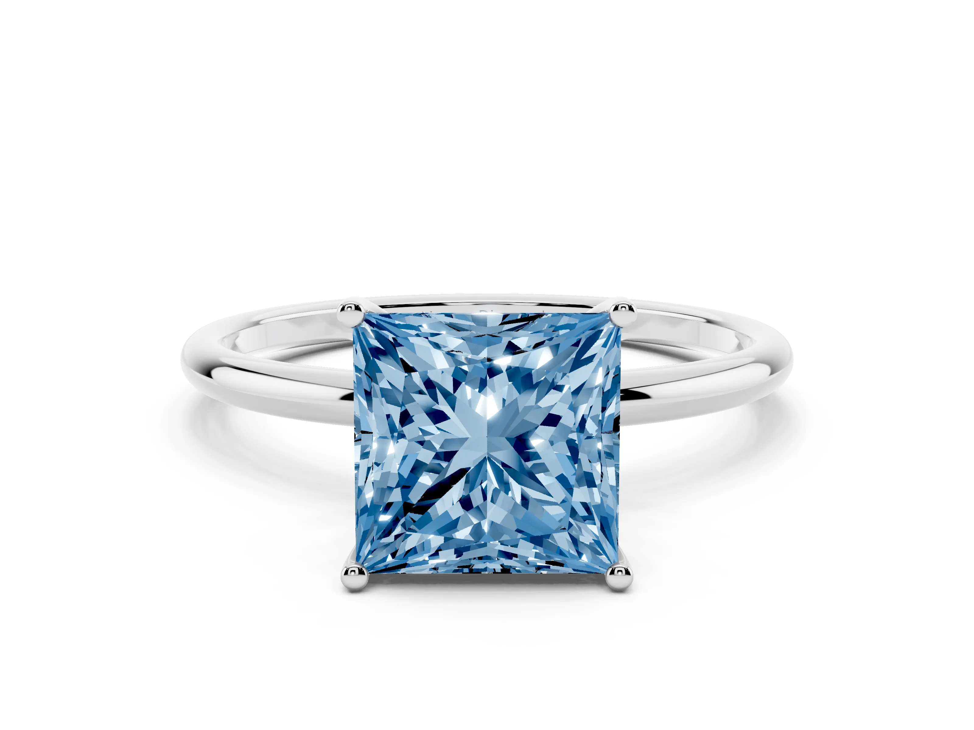 Fancy Blue Princess Cut Diamond Solitaire Engagement Ring Set in Platinum with Thin Band and Prong Setting