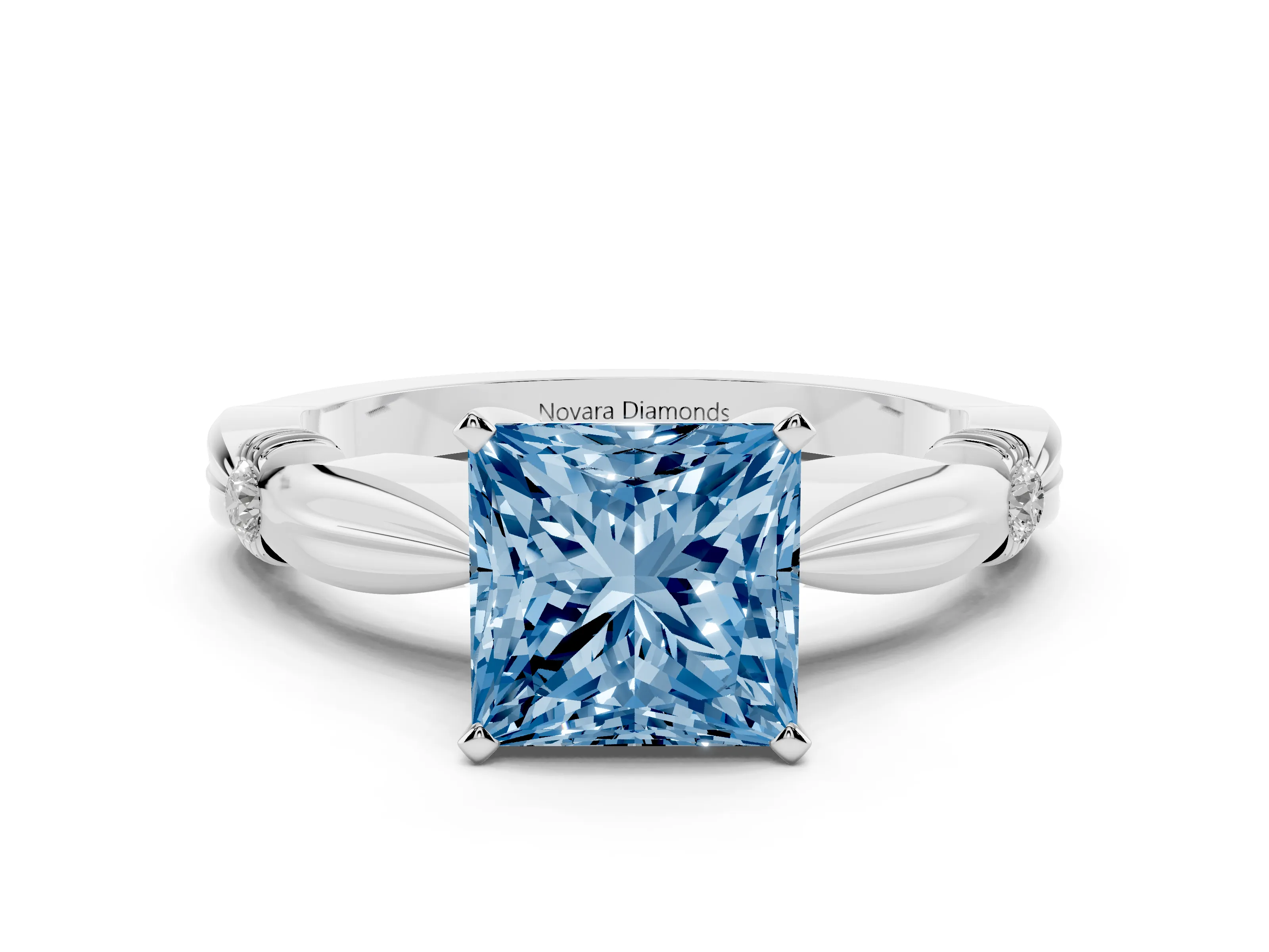 Fancy Blue Princess Cut Diamond Solitaire Twisted Band Ring Set in Silver with Accent Stones and Prong Setting