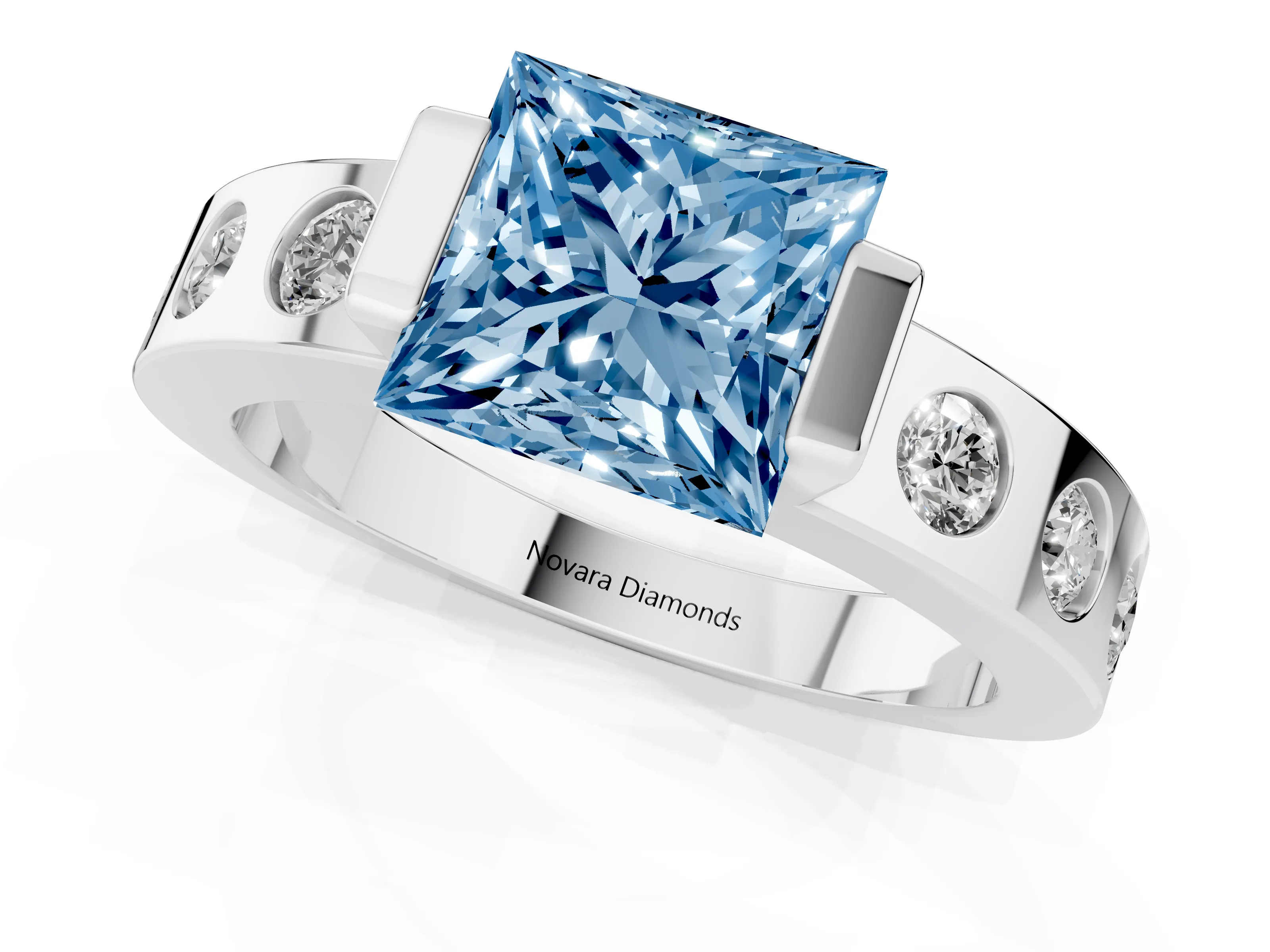 Fancy Blue Princess Cut Diamond Channel-Set Band Ring Set in Silver with Bezel Prong Setting