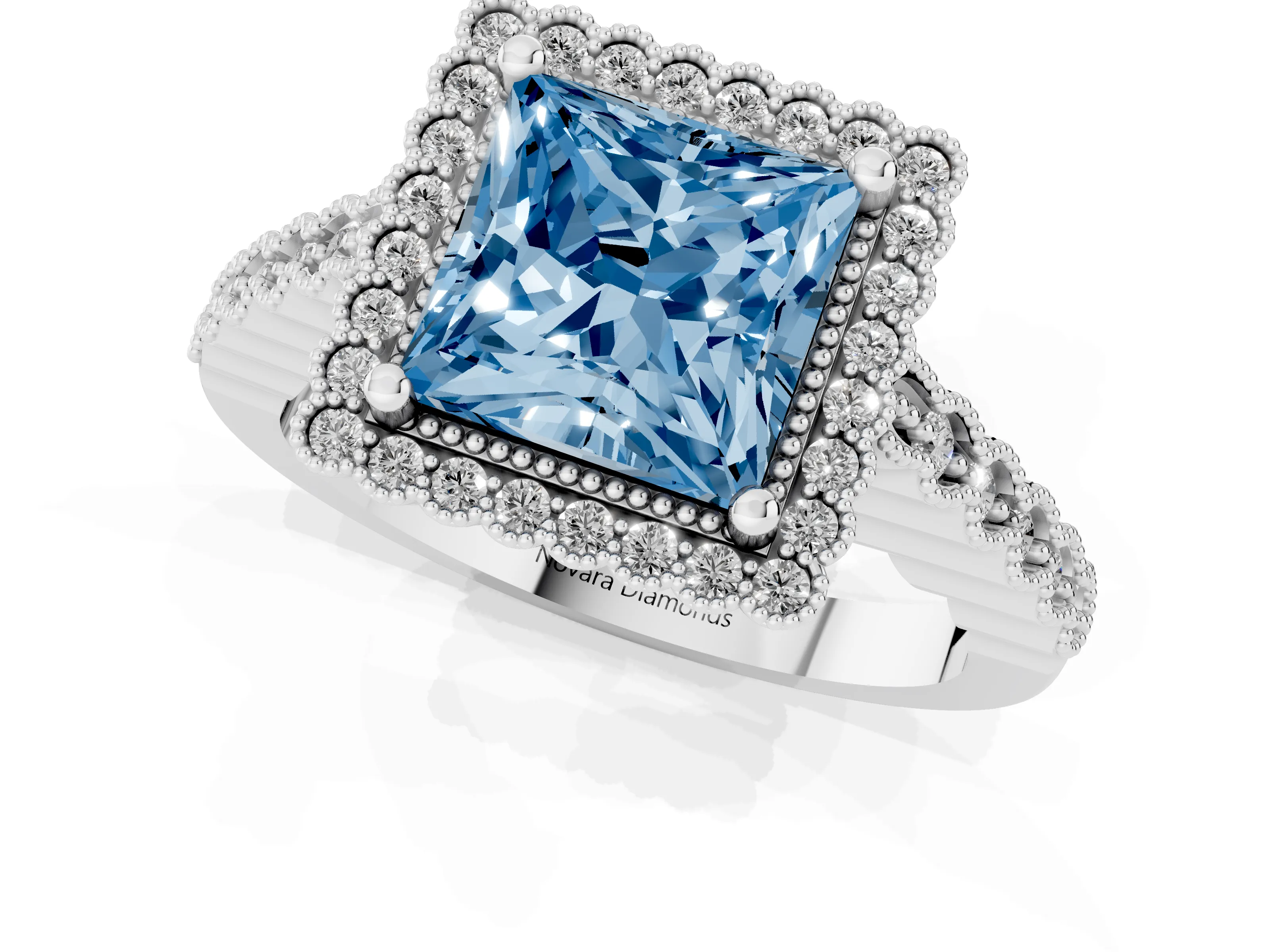 Fancy Blue Princess Cut Diamond Halo Ring Set in Platinum with Pavé Milgrain Band