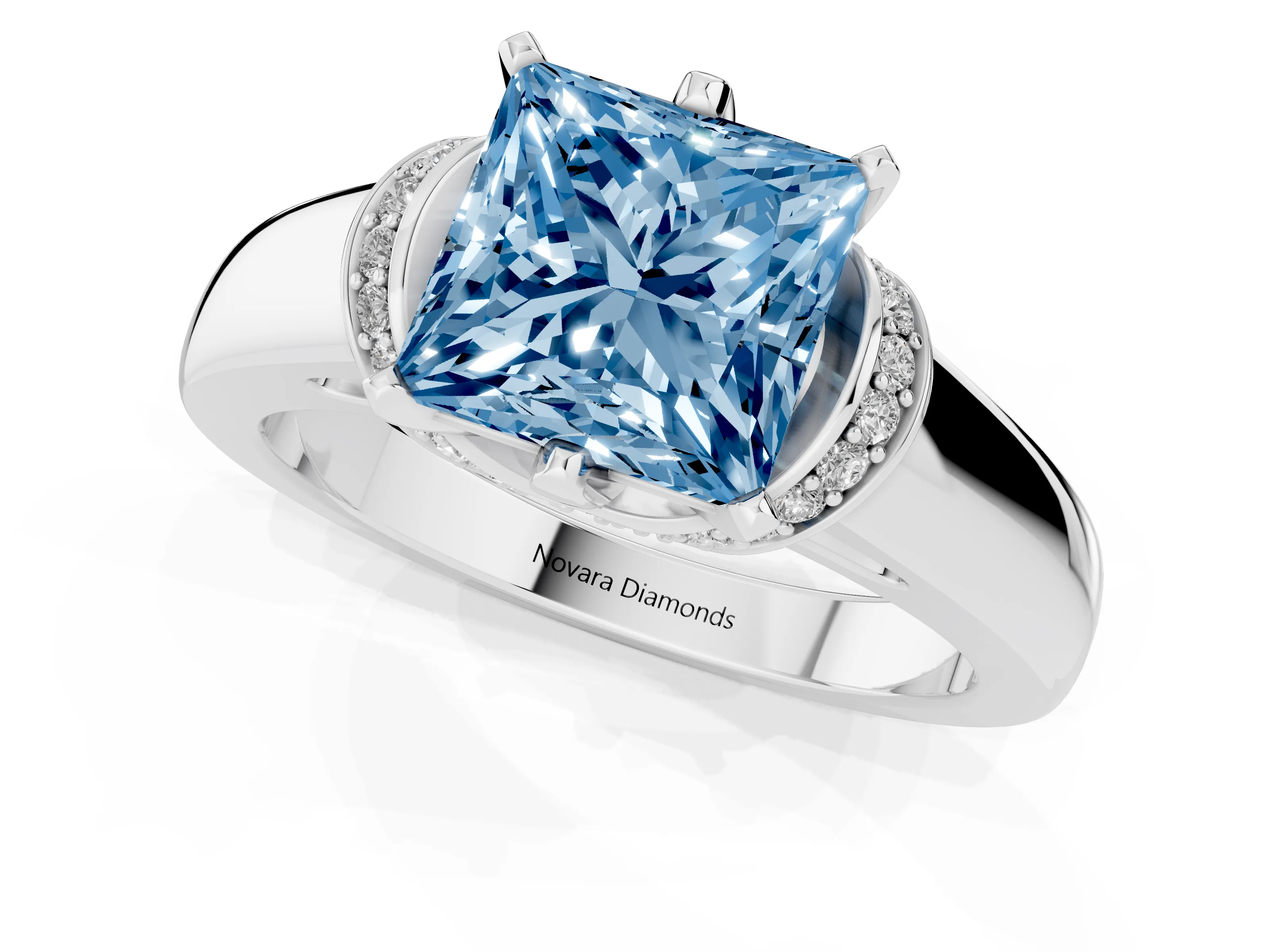 Fancy Blue Princess Cut Diamond Pavé Band Solitaire Ring Set in Silver with Prong Setting