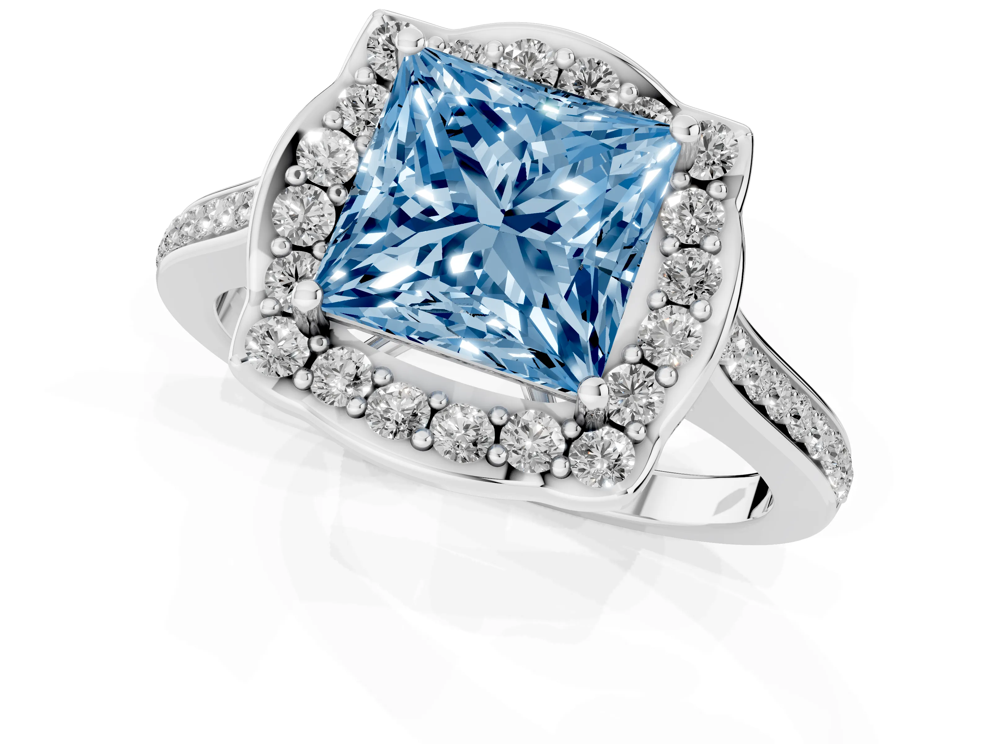 Fancy Blue Princess Cut Diamond Halo Ring Set in Silver with Pavé-Lined Shoulders and Prong Setting
