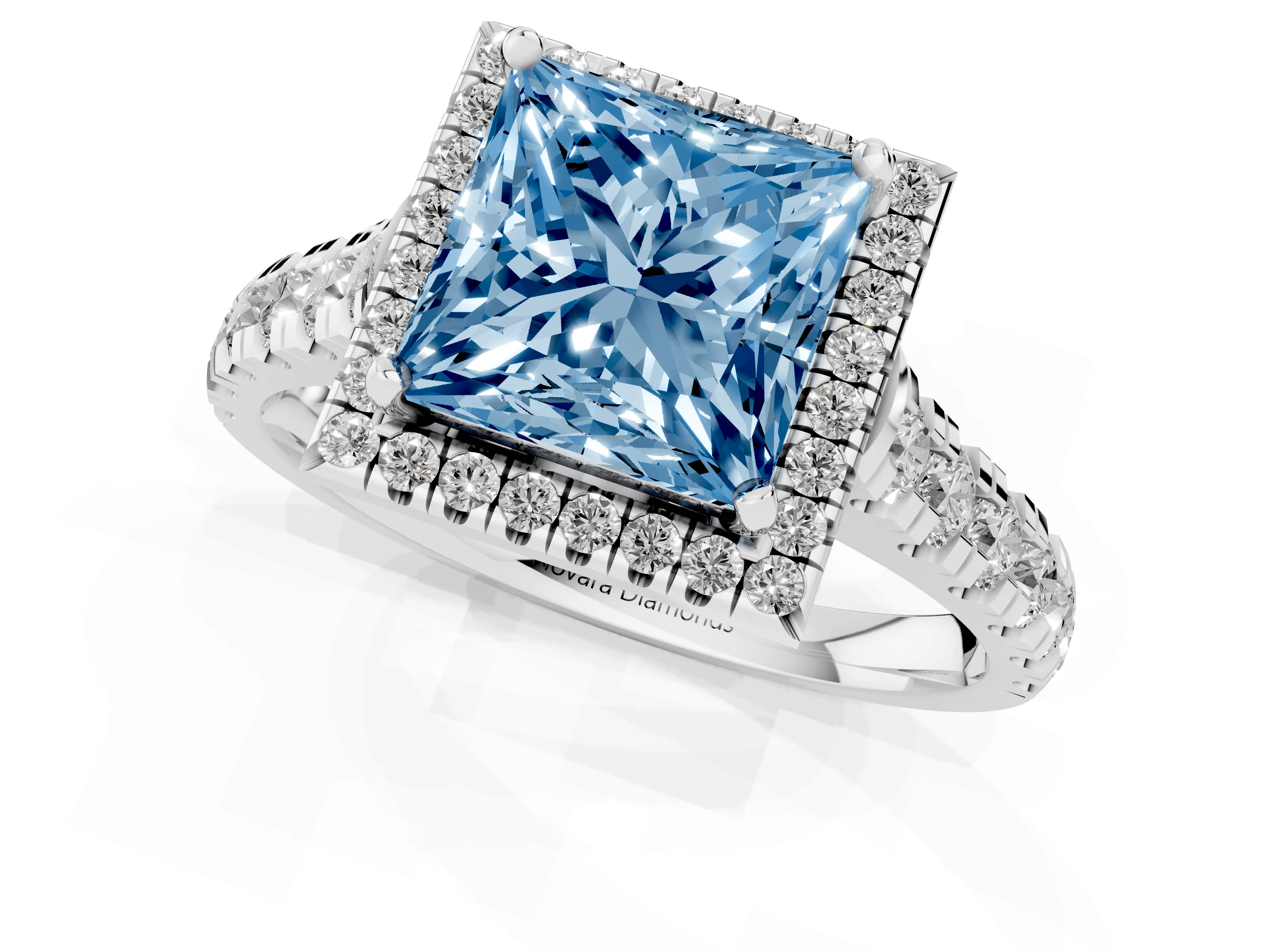 Fancy Blue Princess Cut Diamond Halo Engagement Ring Set in White gold with Pavé Band and Prong-Set Center