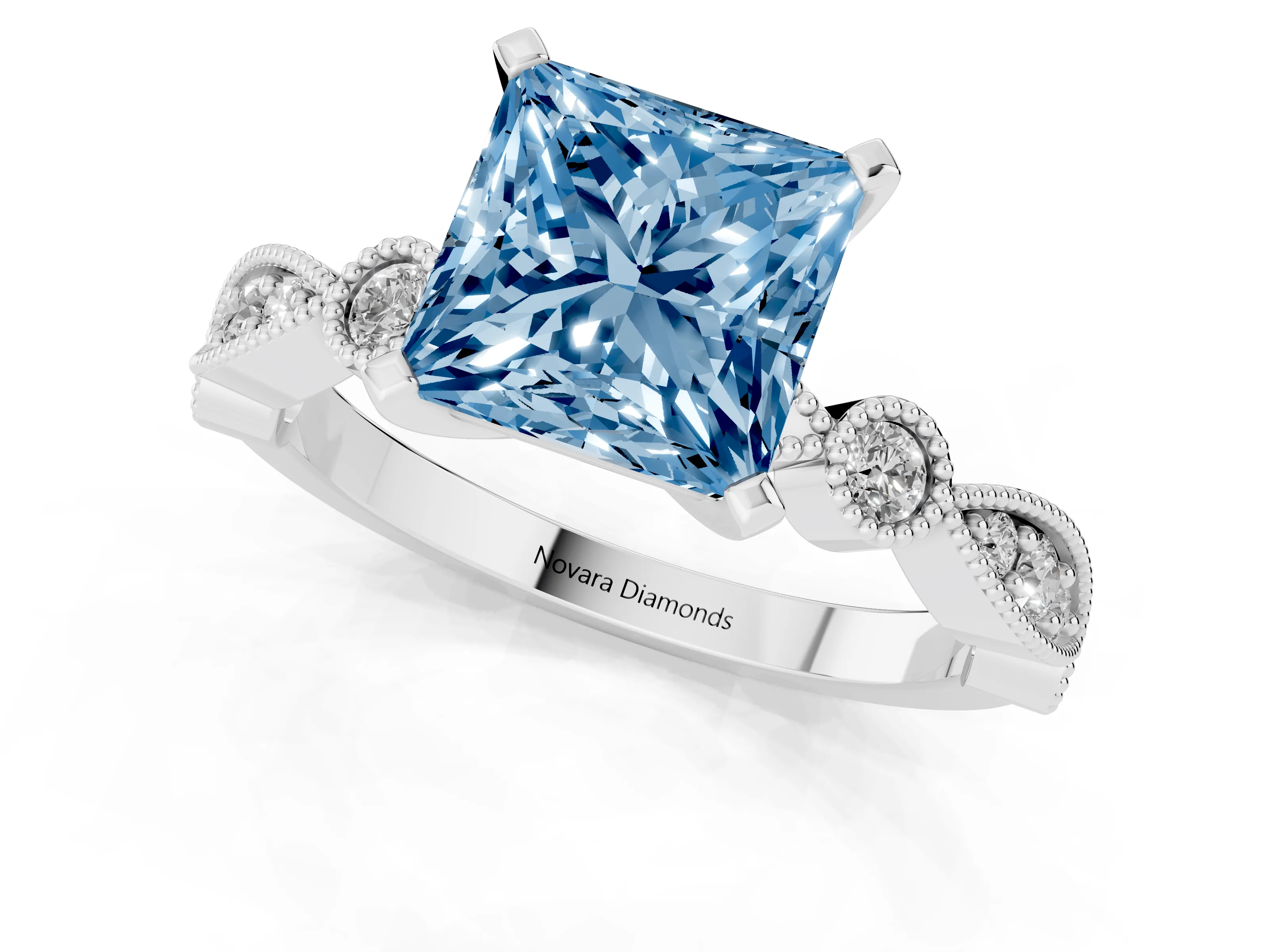 Fancy Blue Princess Cut Diamond Solitaire Engagement Ring Set in Silver with Milgrain Bezel Accent Band