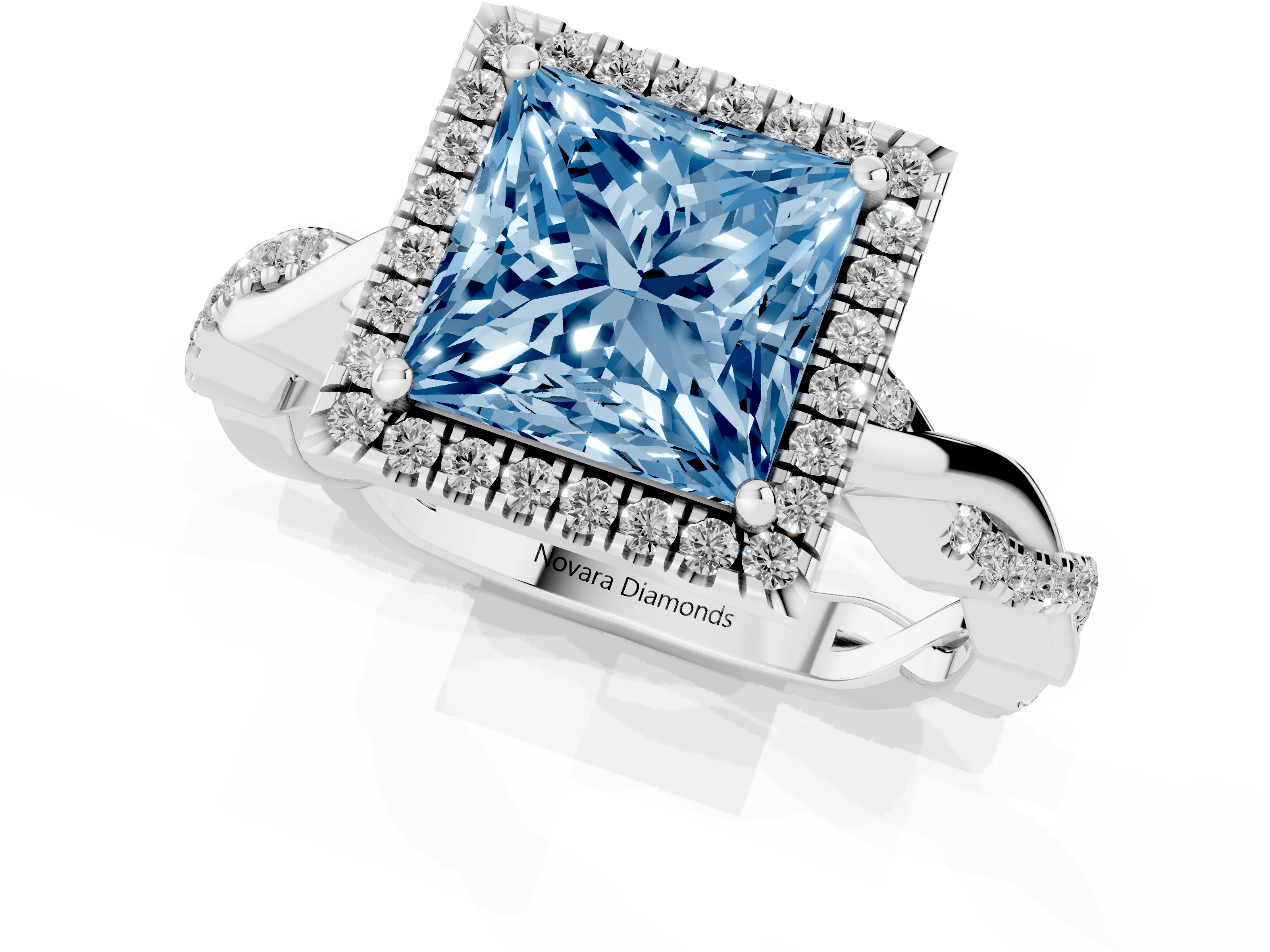 Fancy Blue Princess Cut Diamond Halo Twisted Band Ring Set in Platinum with Prong Setting