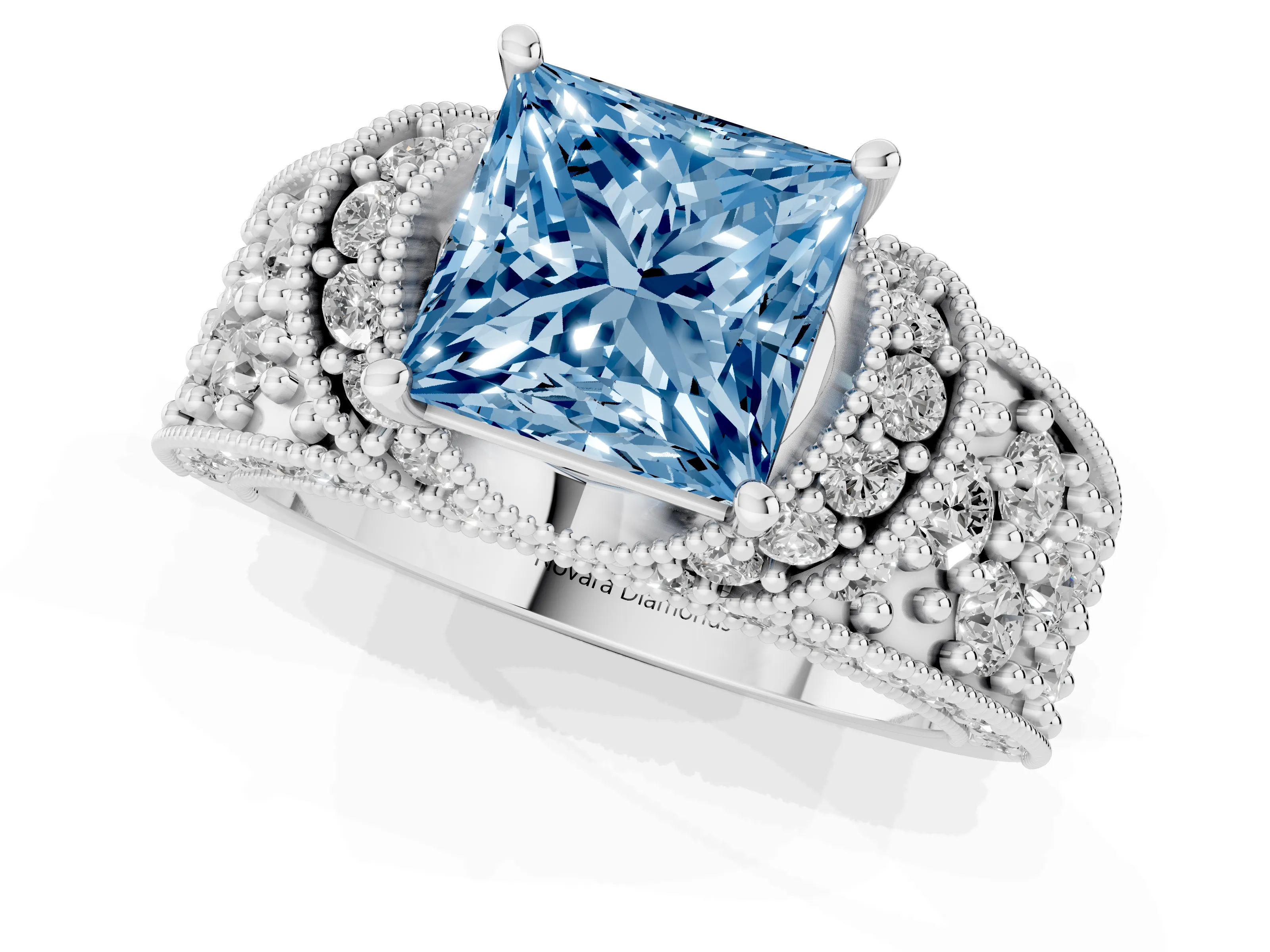Fancy Blue Princess Cut Diamond Milgrain Halo Pavé Engagement Ring Set in Silver with Prong Setting