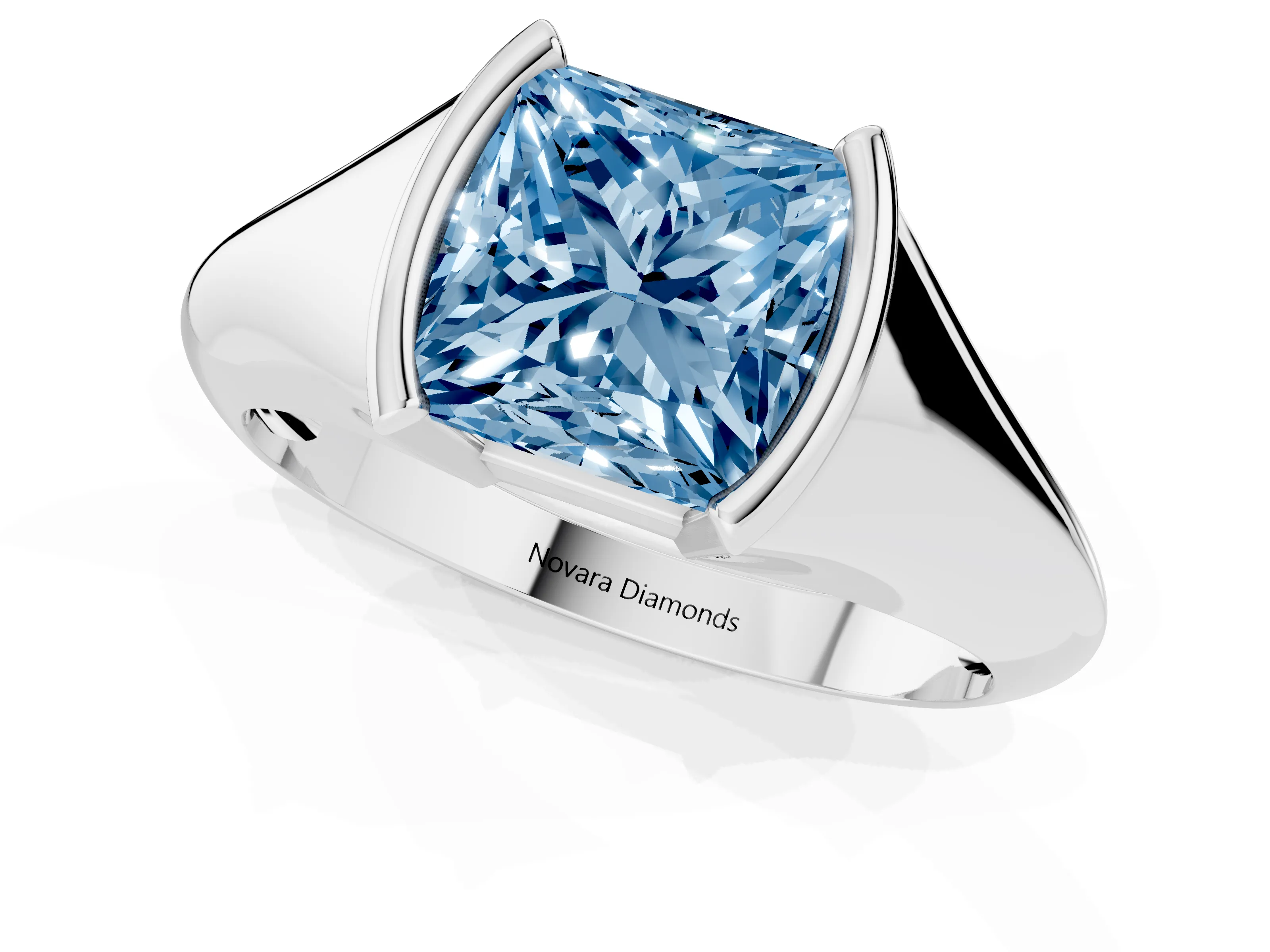 Fancy Blue Princess Cut Diamond Solitaire Tension Set Ring Set in Silver
