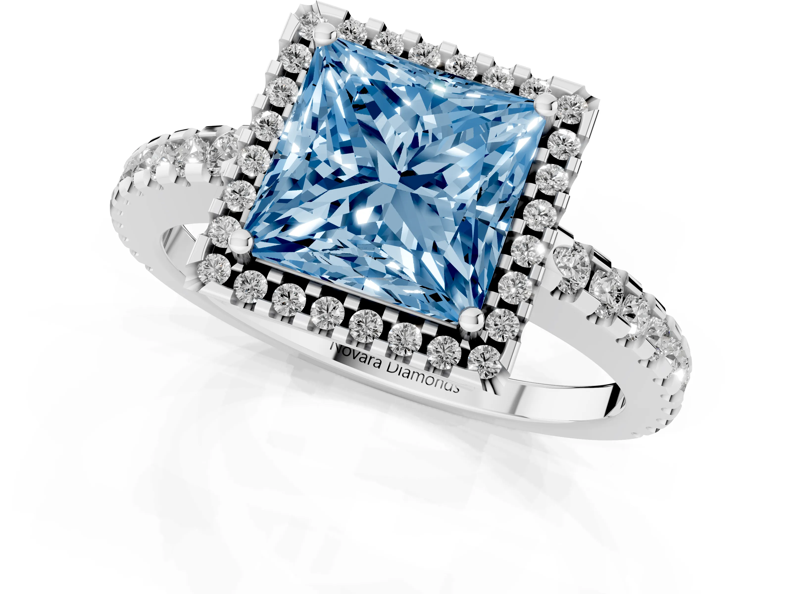 Fancy Blue Princess Cut Diamond Halo Ring Set in Platinum with Pavé Shoulders and Halo-Framed Center
