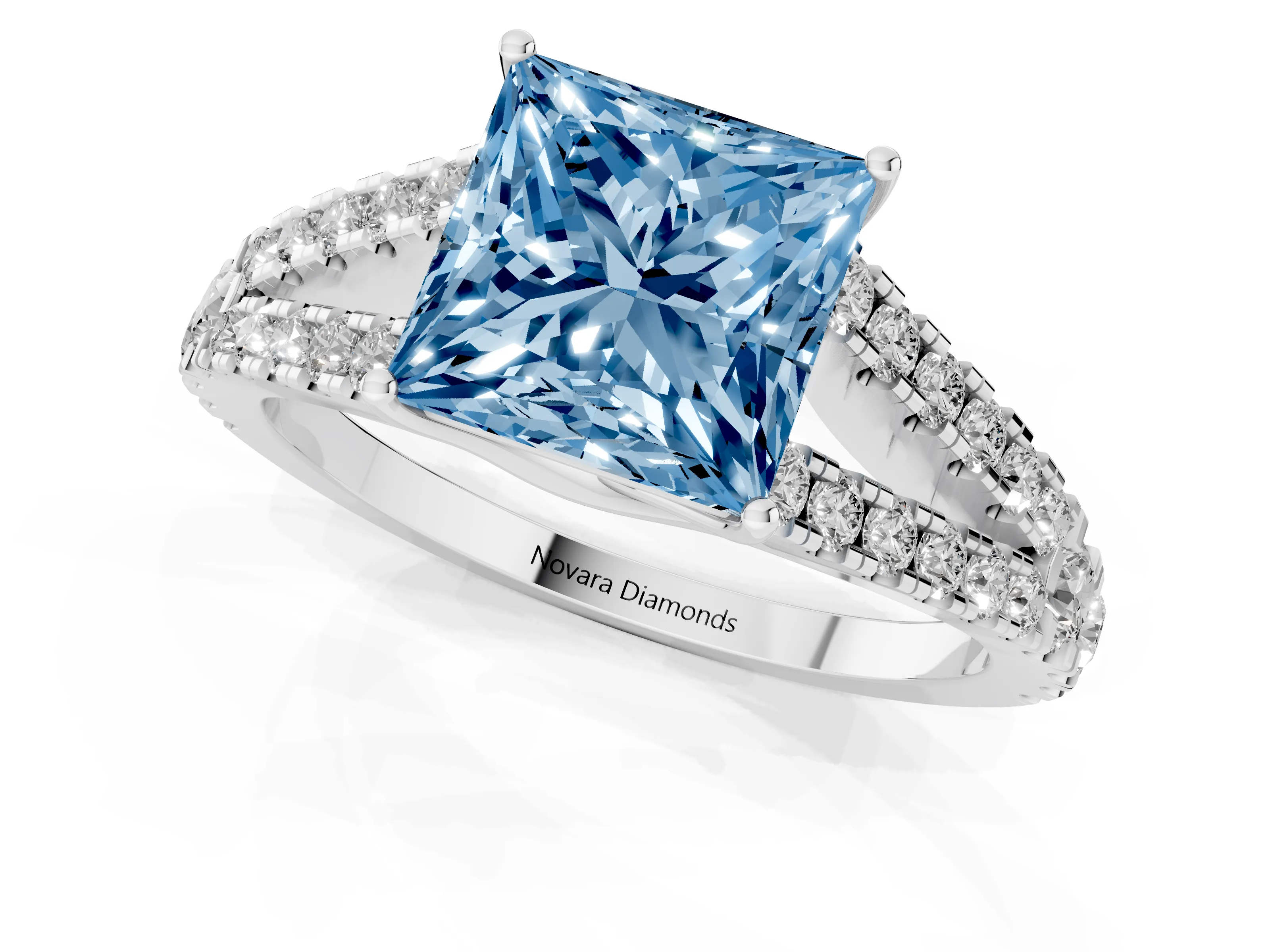 Fancy Blue Princess Cut Diamond Split Shank Pavé Engagement Ring Set in Platinum with Prong-Held Center Stone