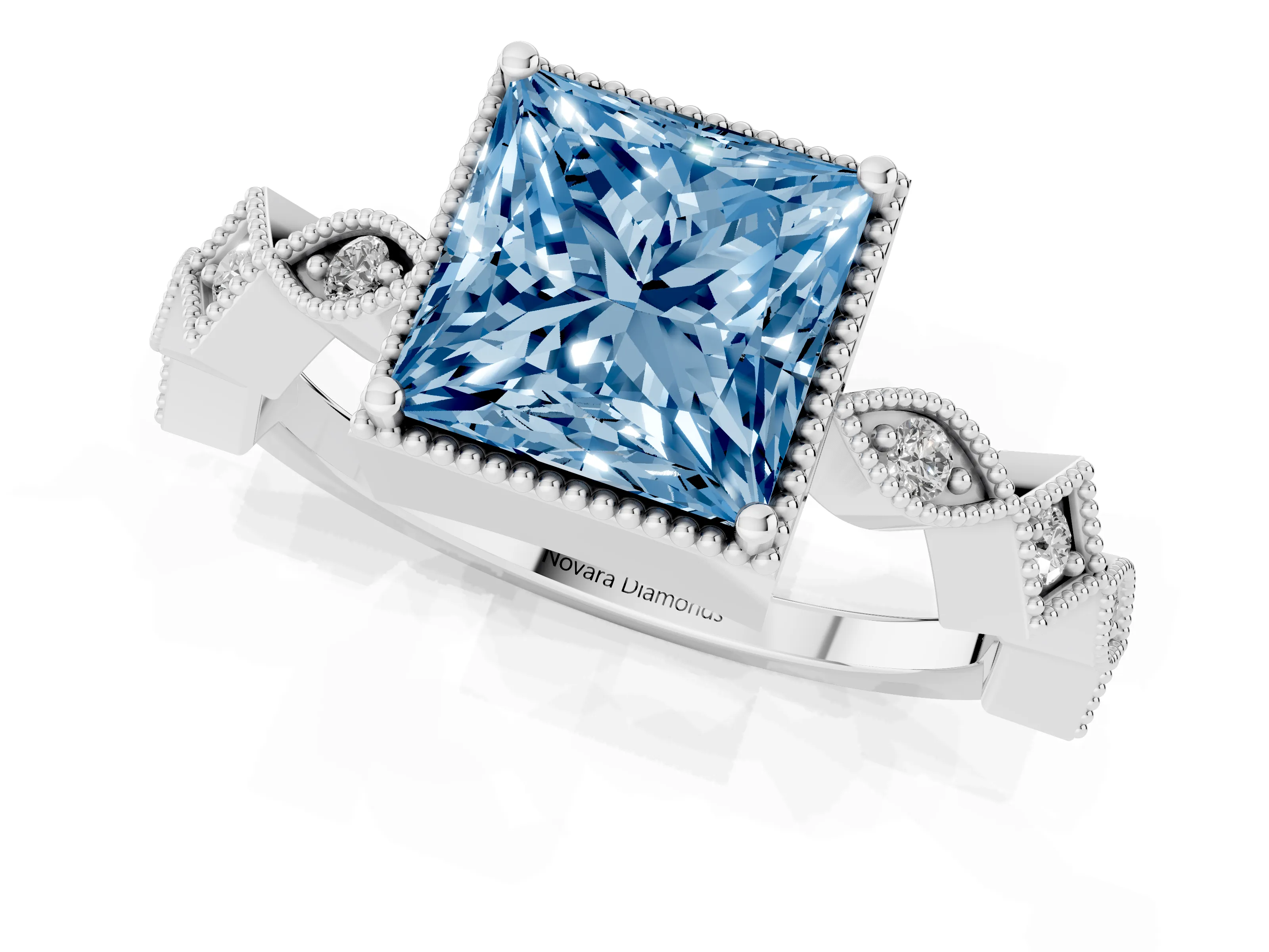 Fancy Blue Princess Cut Diamond Milgrain Marquise Twist Band Ring Set in Platinum with Prong Setting